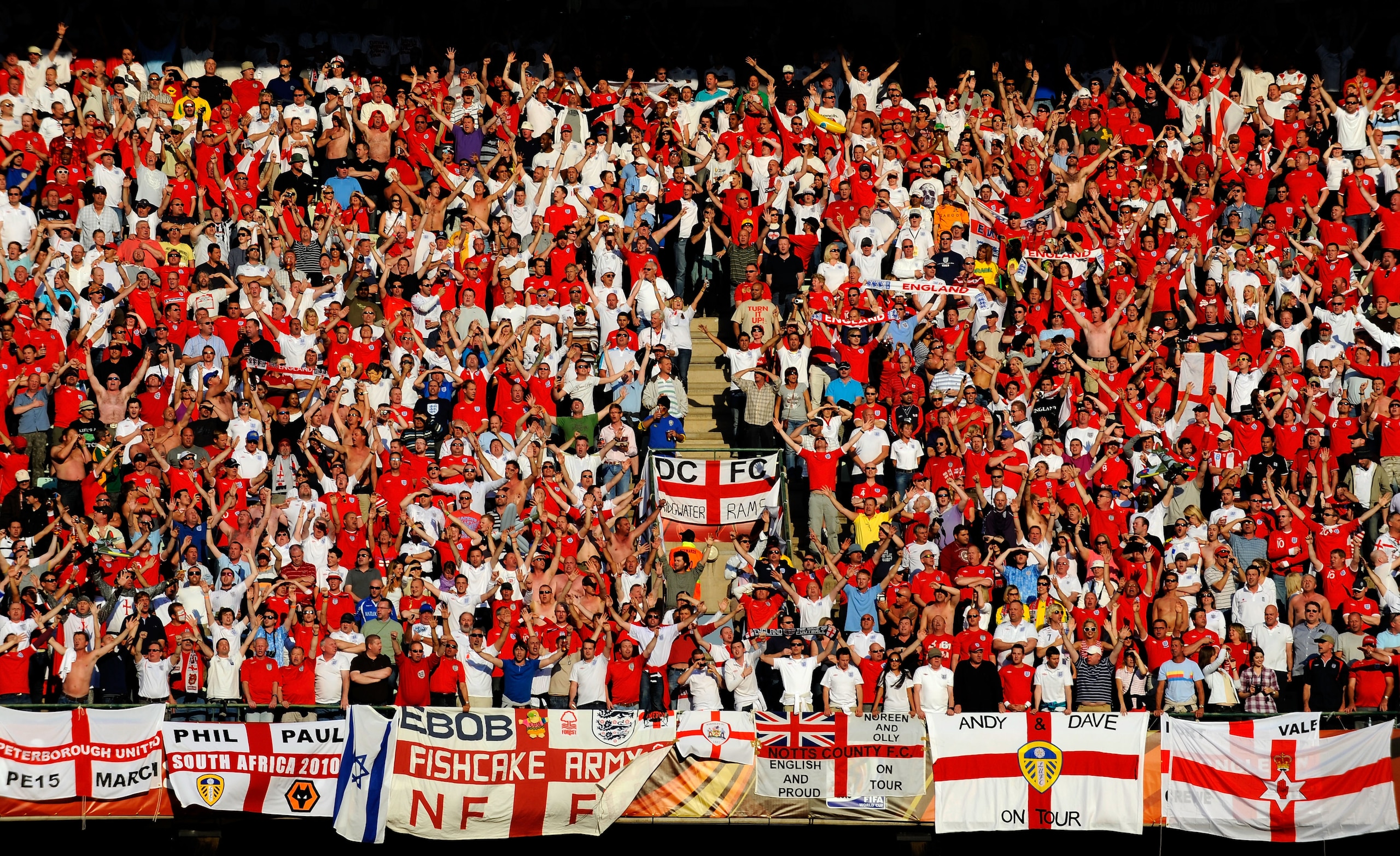 BLOEMFONTEIN, SOUTH AFRICA - JUNE 27:  A general view of fans during the 2010 FIFA World Cup South Africa Round of Sixteen match between Germany and England at Free State Stadium on June 27, 2010 in Bloemfontein, South Africa.  (Photo by Michael Regan/Get