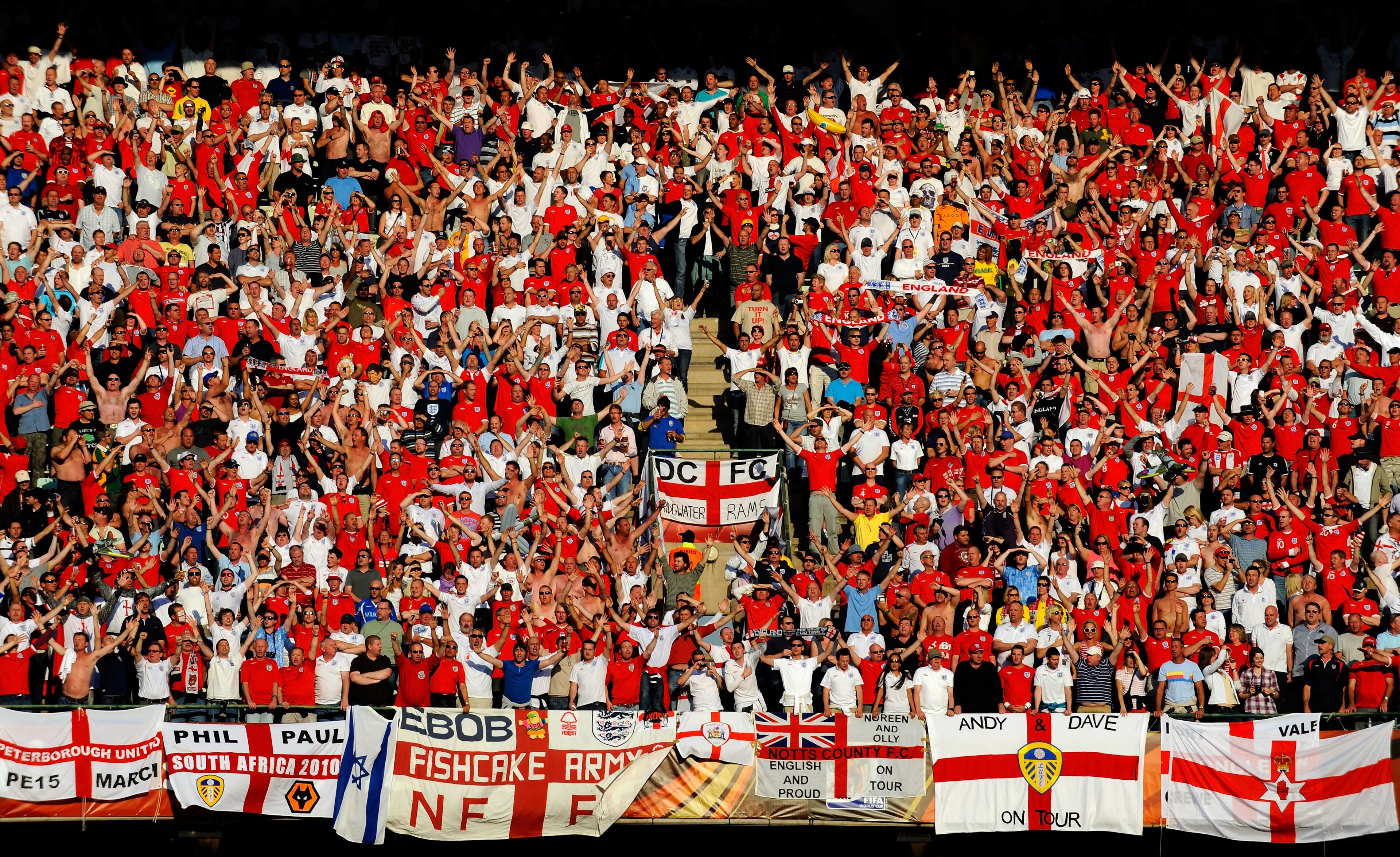 BLOEMFONTEIN, SOUTH AFRICA - JUNE 27:  A general view of fans during the 2010 FIFA World Cup South Africa Round of Sixteen match between Germany and England at Free State Stadium on June 27, 2010 in Bloemfontein, South Africa.  (Photo by Michael Regan/Get
