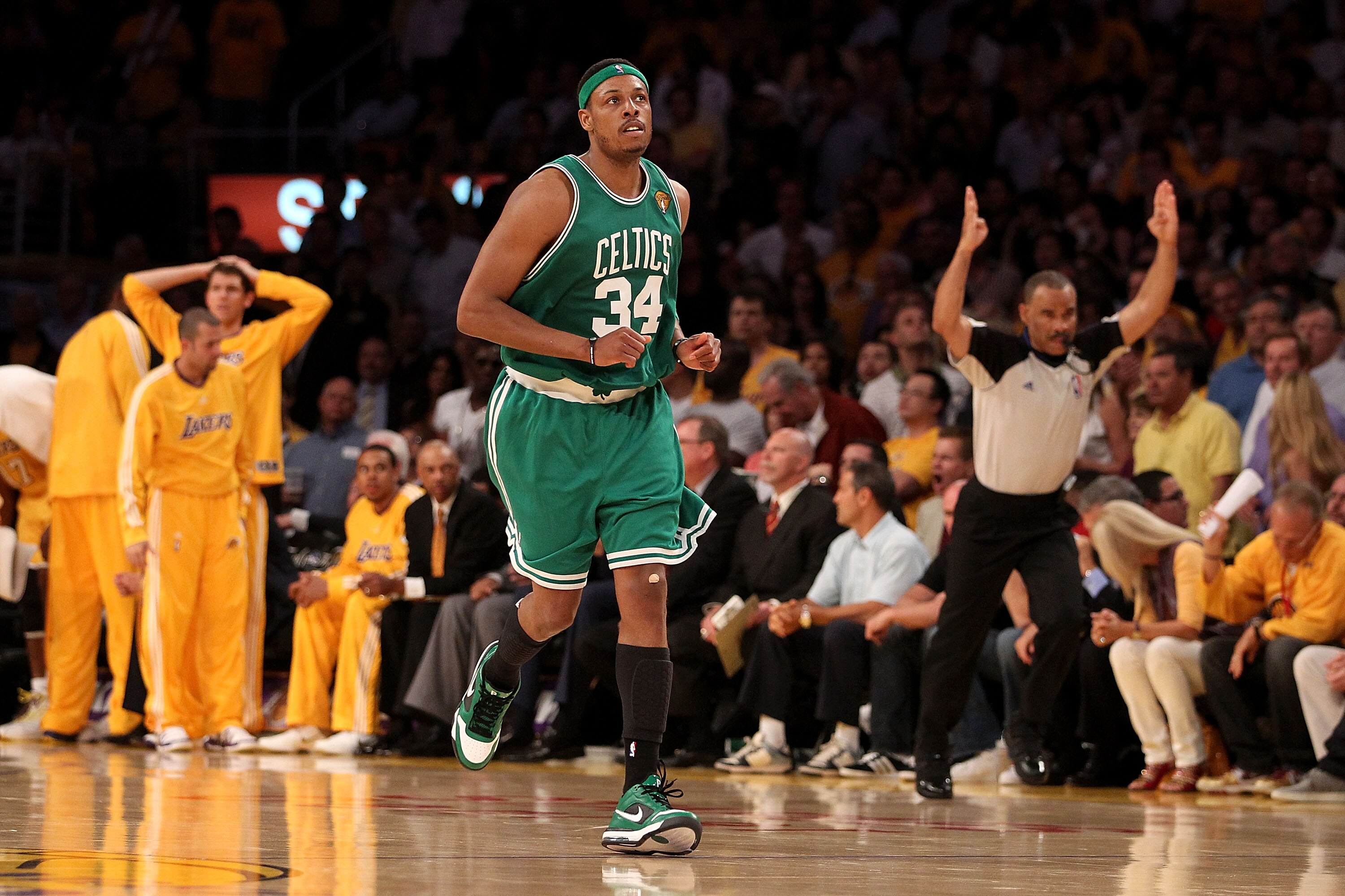 LOS ANGELES, CA - JUNE 17:  Paul Pierce #34 of the Boston Celtics runs up court after making a three-point shot against the Los Angeles Lakers in Game Seven of the 2010 NBA Finals at Staples Center on June 17, 2010 in Los Angeles, California.  NOTE TO USE