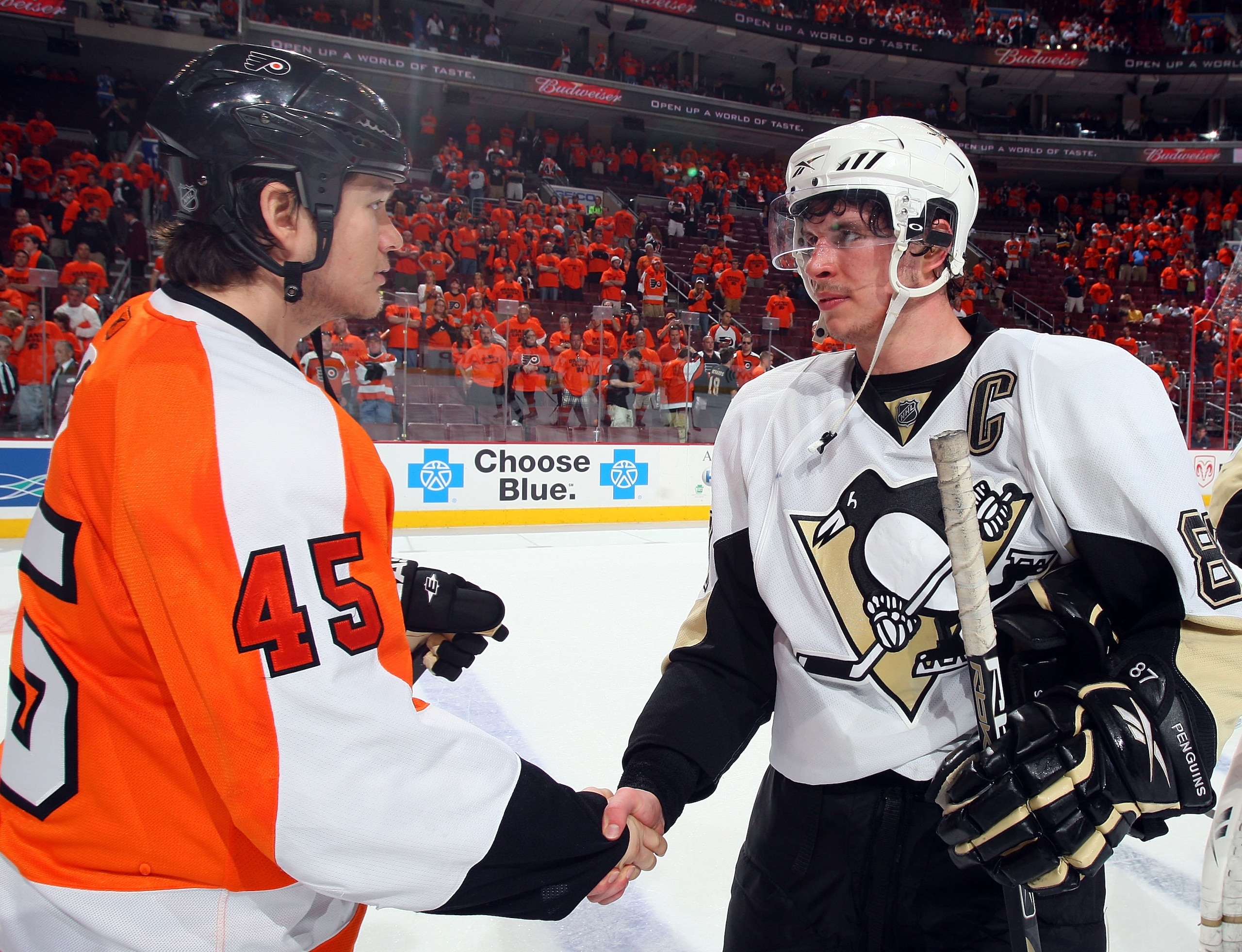 PHILADELPHIA - APRIL 25:  Arron Asham #45 of the Philadelphia Flyers congratulates Sidney Crosby #87 of the Pittsburgh Penguins after Game Six of the Eastern Conference Quarterfinal Round of the 2009 NHL Stanley Cup Playoffs  at the Wachovia Center on Apr