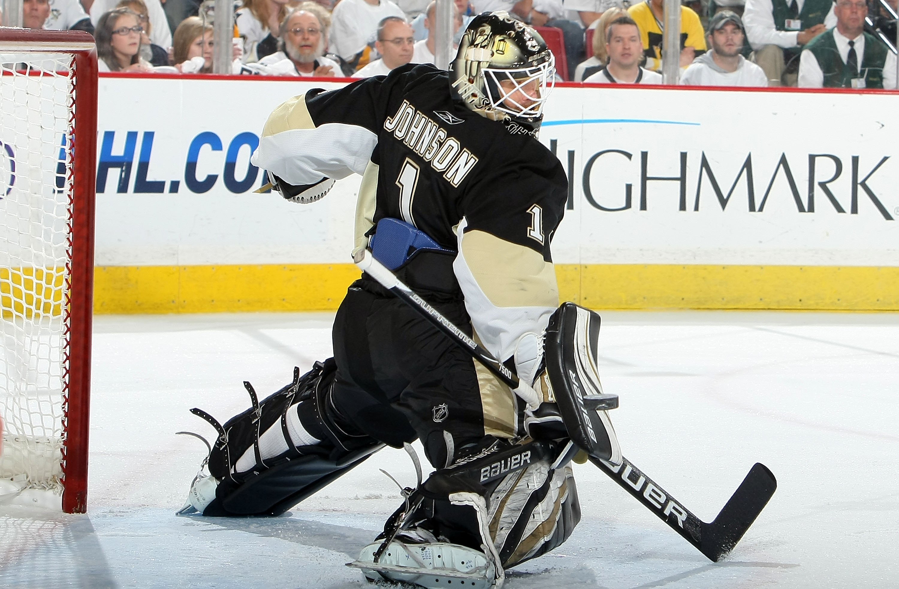 PITTSBURGH - MAY 12:  Brent Johnson #1 of the Pittsburgh Penguins makes a save against the Montreal Canadiens in Game Seven of the Eastern Conference Semifinals during the 2010 Stanley Cup Playoffs at Mellon Arena on May 12, 2010 in Pittsburgh, Pennsylvan