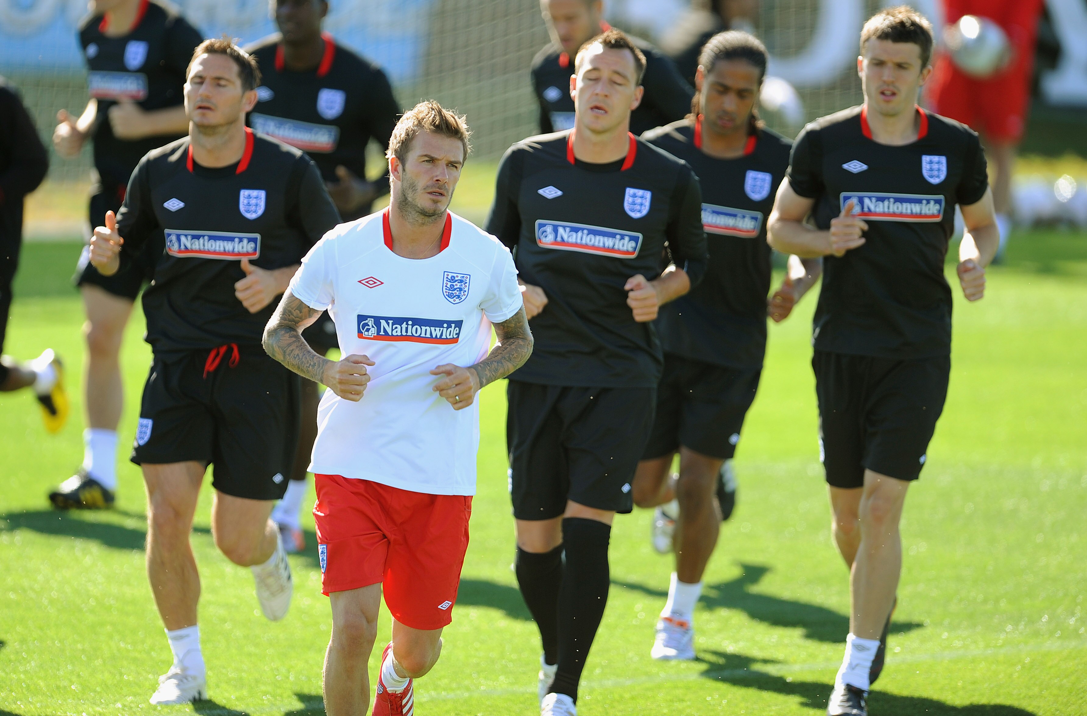 RUSTENBURG, SOUTH AFRICA - JUNE 14: David Beckham warms up with the team during the England training session at the Royal Bafokeng Sports Campus on June 14, 2010 in Rustenburg, South Africa.  (Photo by Michael Regan/Getty Images)