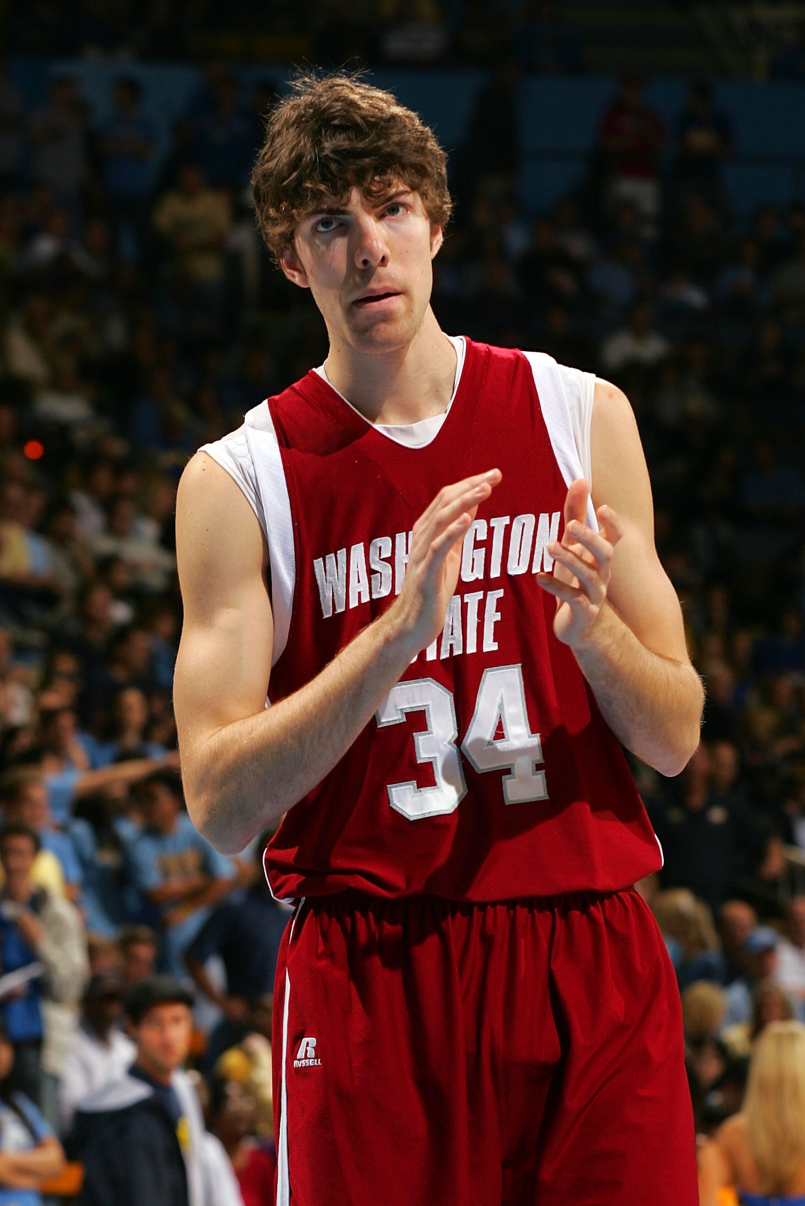 WESTWOOD, CA - JANUARY 12: Robbie Cowgill #34 of the Washington State University Cougars looks on during pregame introductions prior to their NCAA Pac-10 game against the UCLA Bruins on January 12, 2008 at Pauley Pavilion in Westwood, California. The Bru WESTWOOD, CA - JANUARY 12: Robbie Cowgill #34 of the Washington State University Cougars looks on during pregame introductions prior to their NCAA Pac-10 game against the UCLA Bruins on January 12, 2008 at Pauley Pavilion in Westwood, California. The Bru