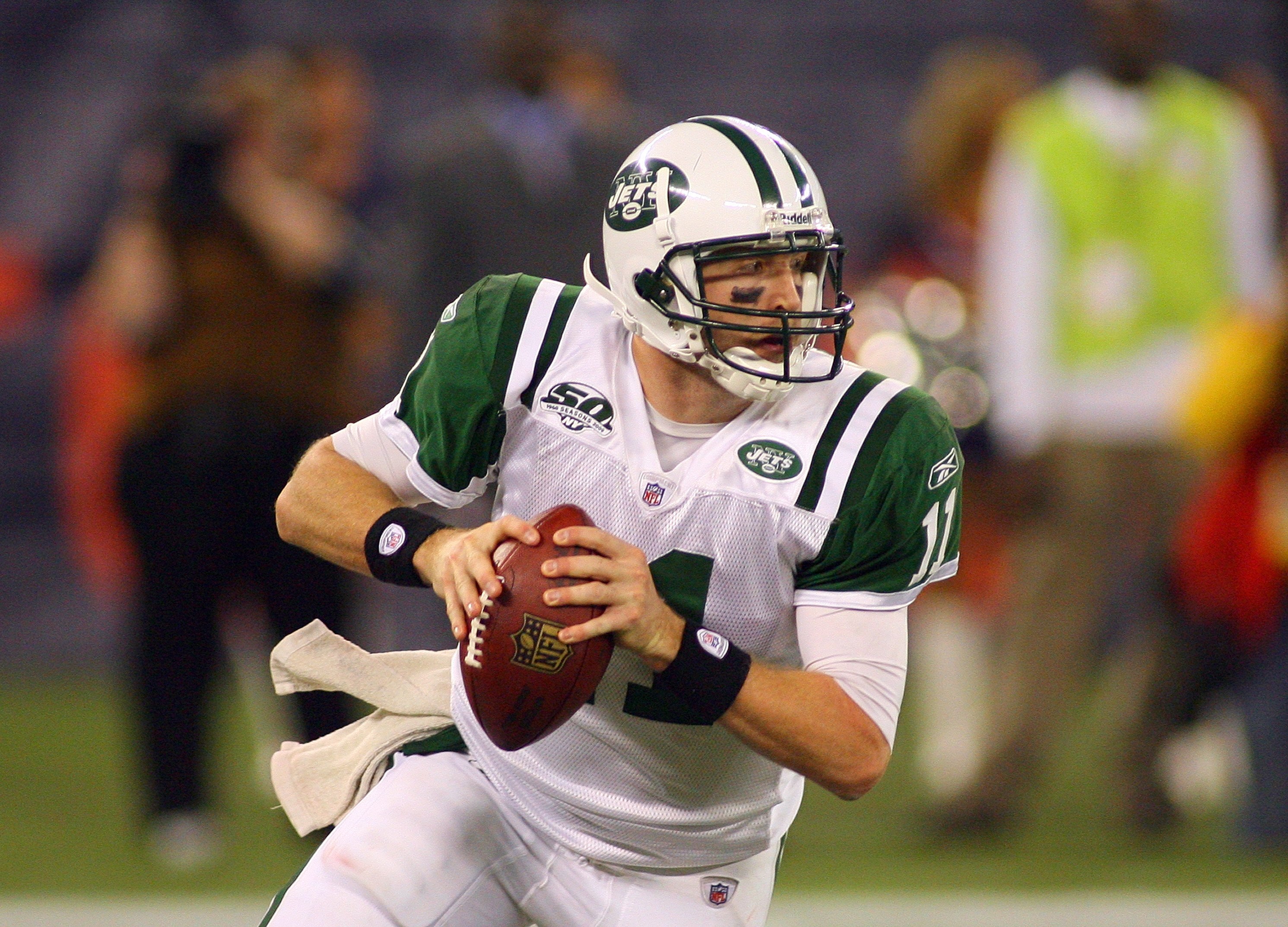 TORONTO - DECEMBER 3:  Quarterback Kellen Clemens #11 of the New York Jets looks to make a pass play during their NFL game against the Buffalo Bills on December 3, 2009  at Rogers Centre in Toronto, Ontario, Canada. The Jets defeated the Bills 19-13. (Pho