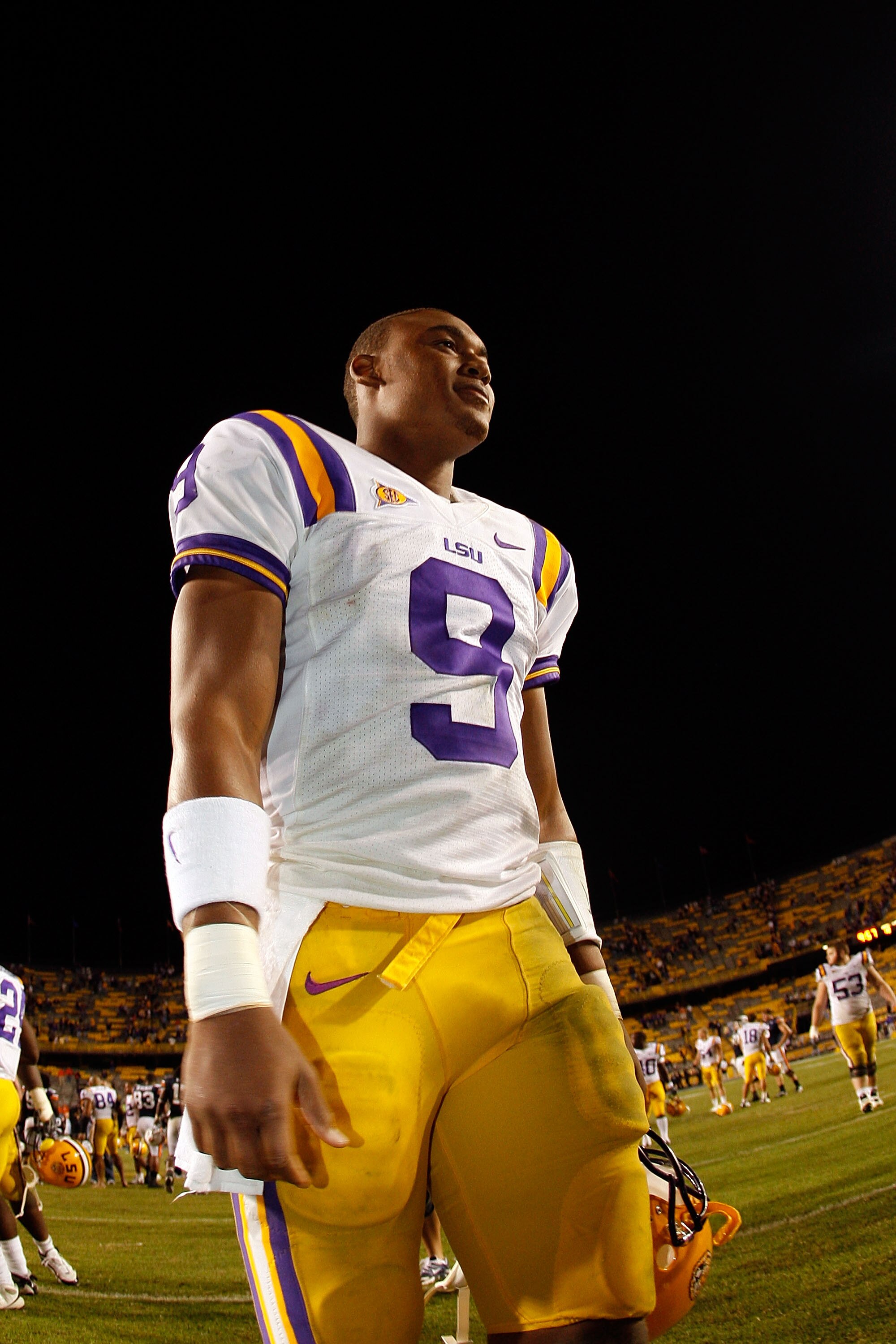BATON ROUGE, LA - OCTOBER 24:  Quarterback Jordan Jefferson #9 of the Louisiana State University Tigers walks off the field after defeating the Auburn Tigers at Tiger Stadium on October 24, 2009 in Baton Rouge, Louisiana.  LSU defeated Auburn 31-10.  (Pho