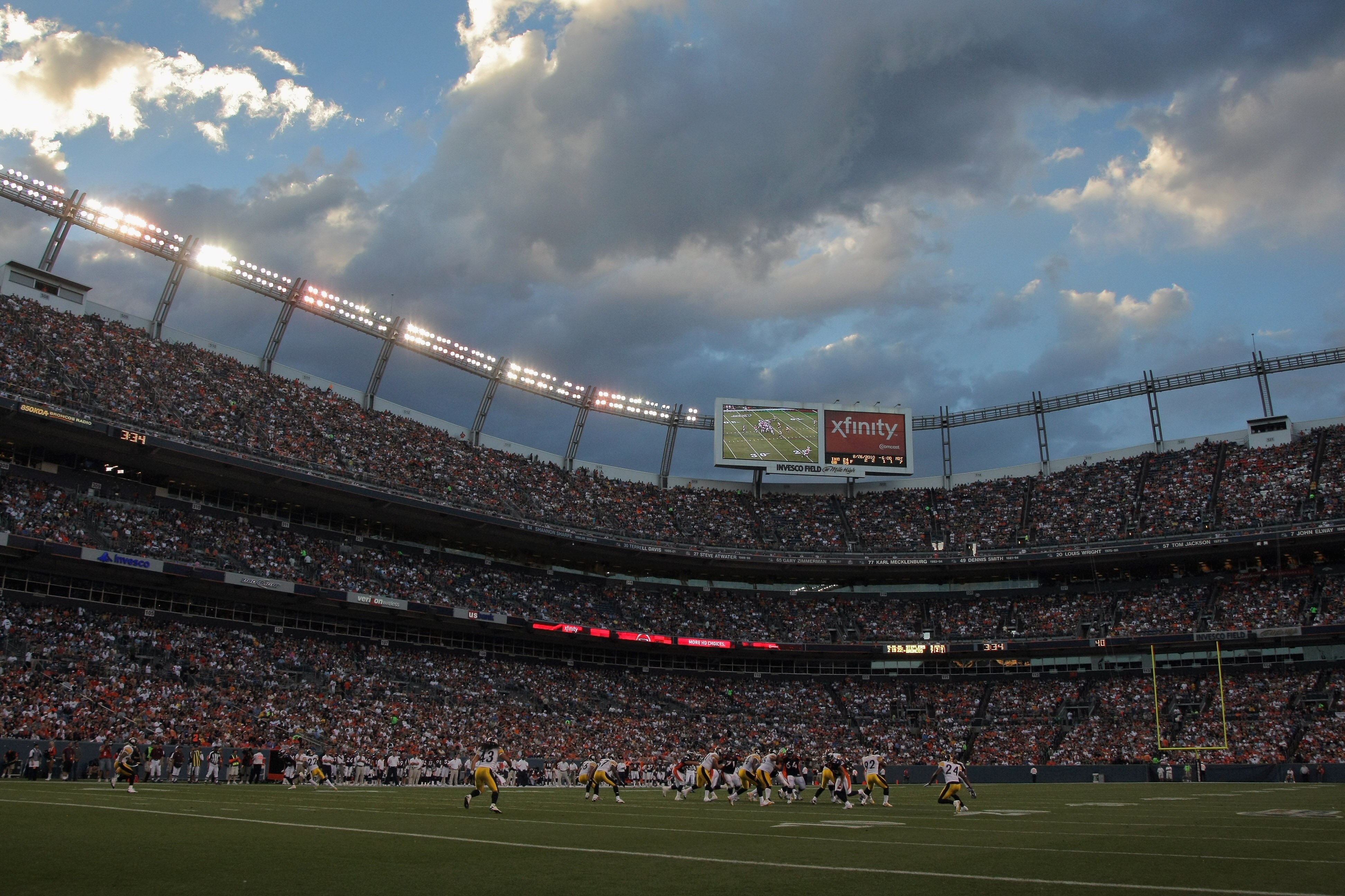 DENVER - AUGUST 29:  A general view of the stadium prior to sunset as the Pittsburgh Steelers face the Denver Broncos during preseason NFL action at INVESCO Field at Mile High on August 29, 2010 in Denver, Colorado. The Broncos defeated the Steelers 34-17