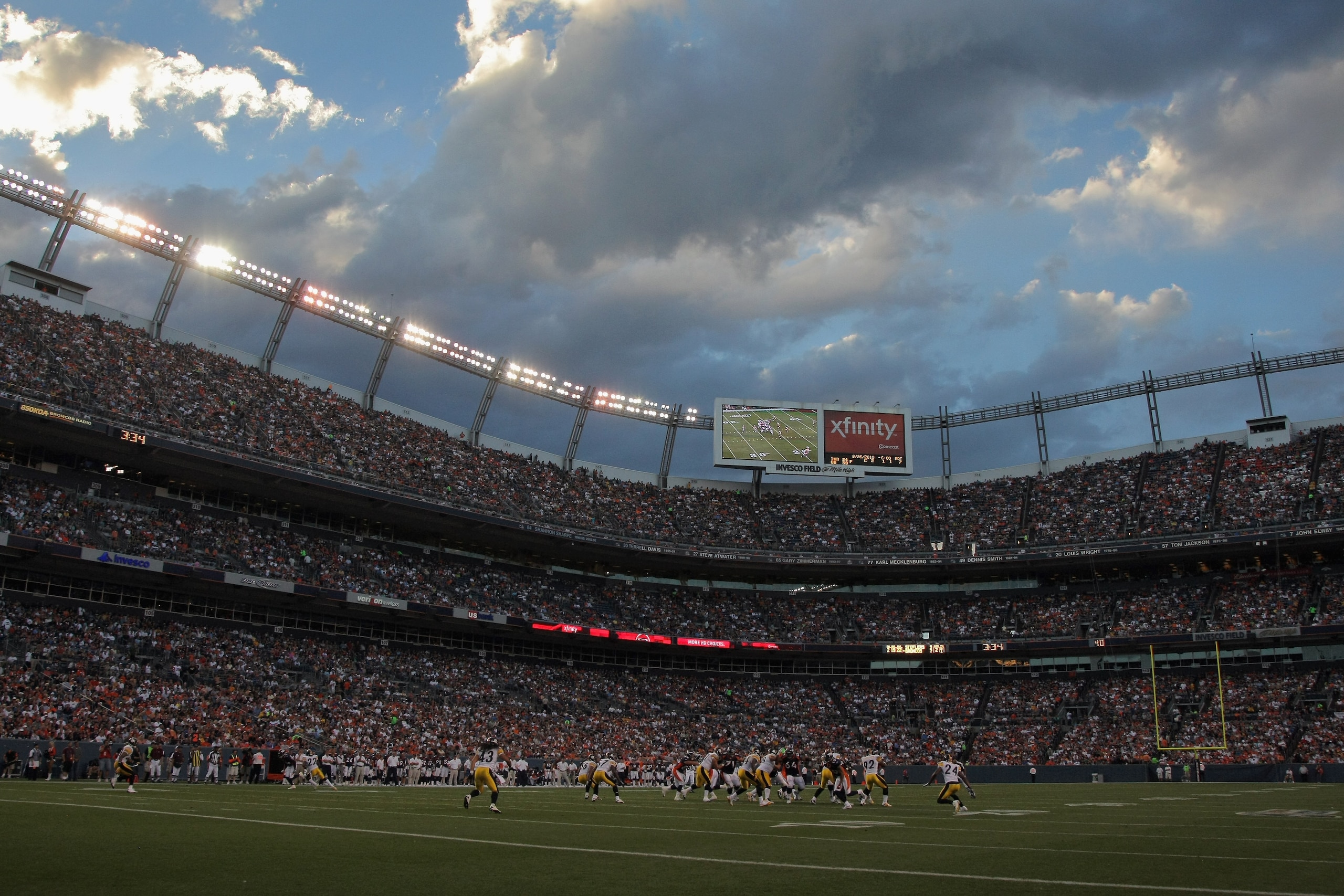 DENVER - AUGUST 29:  A general view of the stadium prior to sunset as the Pittsburgh Steelers face the Denver Broncos during preseason NFL action at INVESCO Field at Mile High on August 29, 2010 in Denver, Colorado. The Broncos defeated the Steelers 34-17