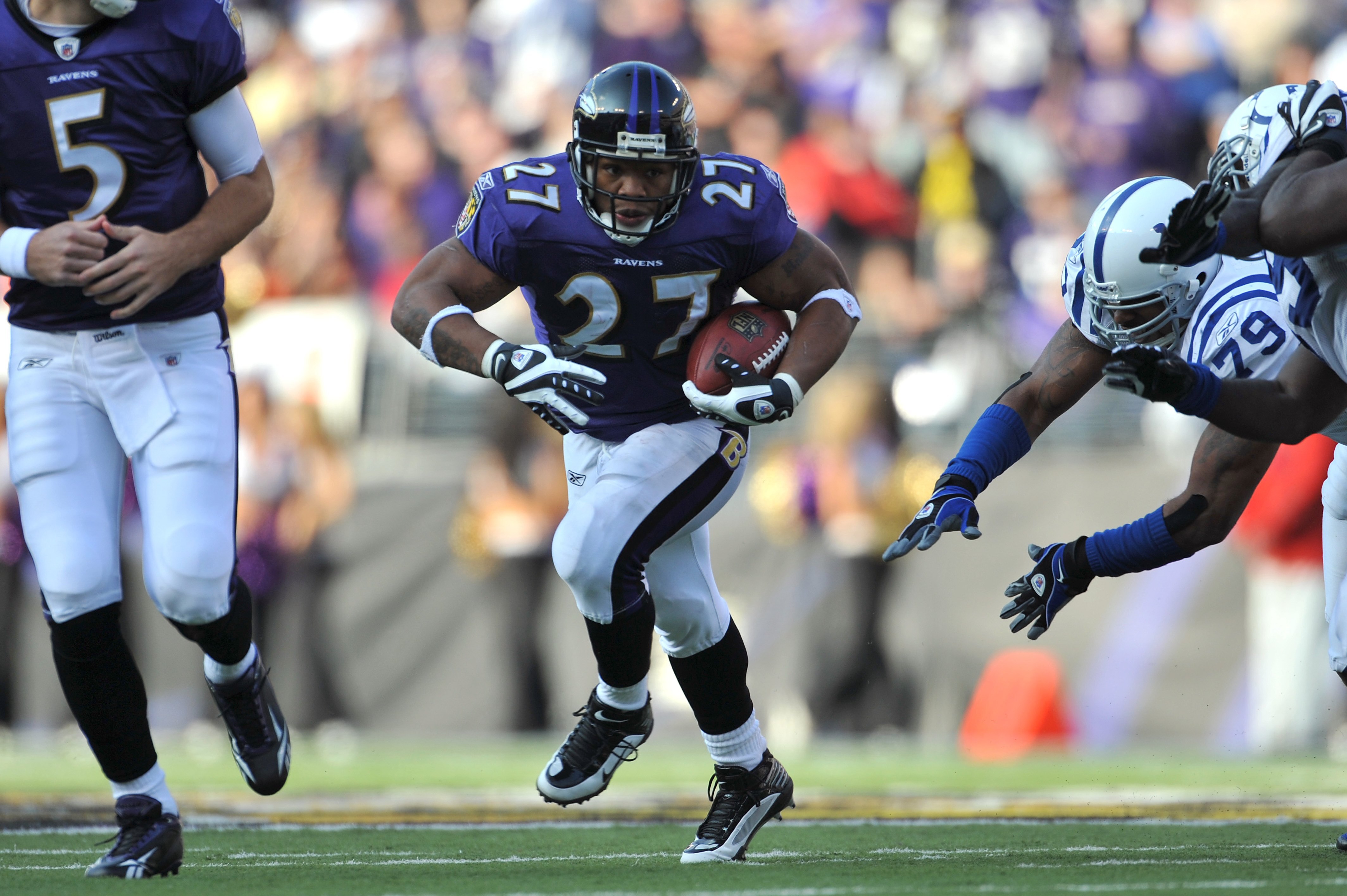 BALTIMORE - NOVEMBER 22:  Ray Rice #27 of the Baltimore Ravens runs the ball during the game against the Indianapolis Colts at M&T Bank Stadium on November 22, 2009 in Baltimore, Maryland. The Colts defeated the Ravens 17-15. (Photo by Larry French/Getty 