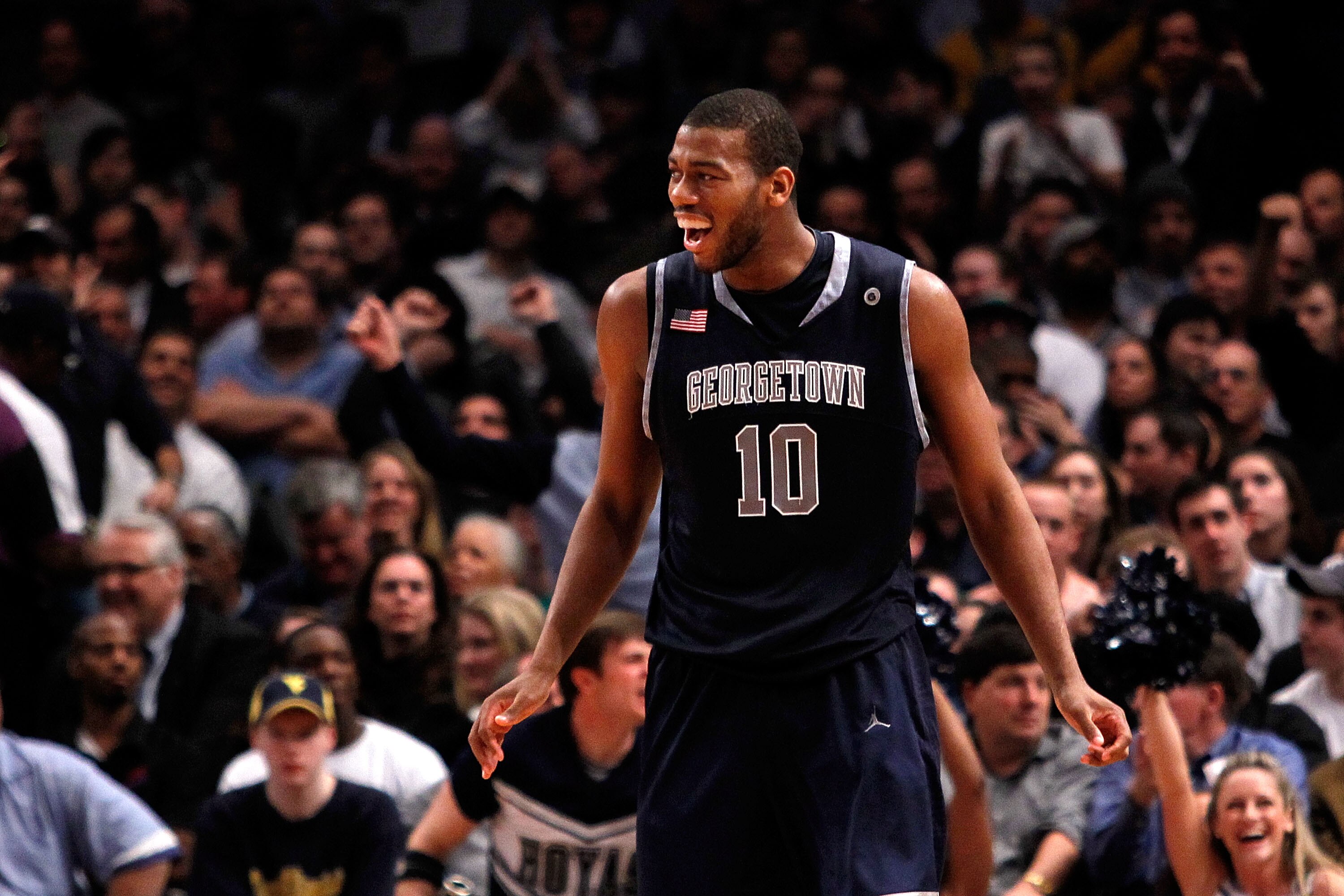 NEW YORK - MARCH 12:  Greg Monroe #10 of the Georgetown Hoyas reacts after a play late in the game against the Marquette Golden Eagles during the semifinal of the 2010 Big East Tournament at Madison Square Garden on March 12, 2010 in New York City.  (Phot