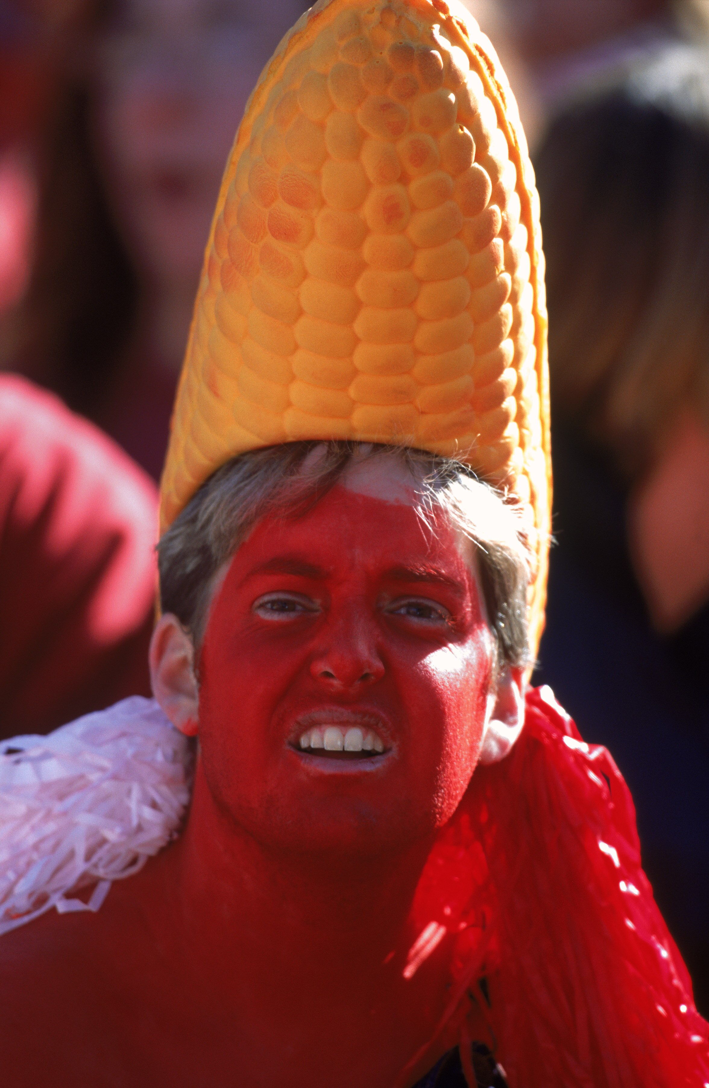 27 Oct 2001:  An Nebraska Cornhuskers fan wears a corn hat during the game against the Oklahoma Sooners  at Memorial Sadium in Lincoln, Nebraska. The Cornhuskers defeated the Sooners 20-10.Mandatory Credit: Scott Halleran/ Allsport
