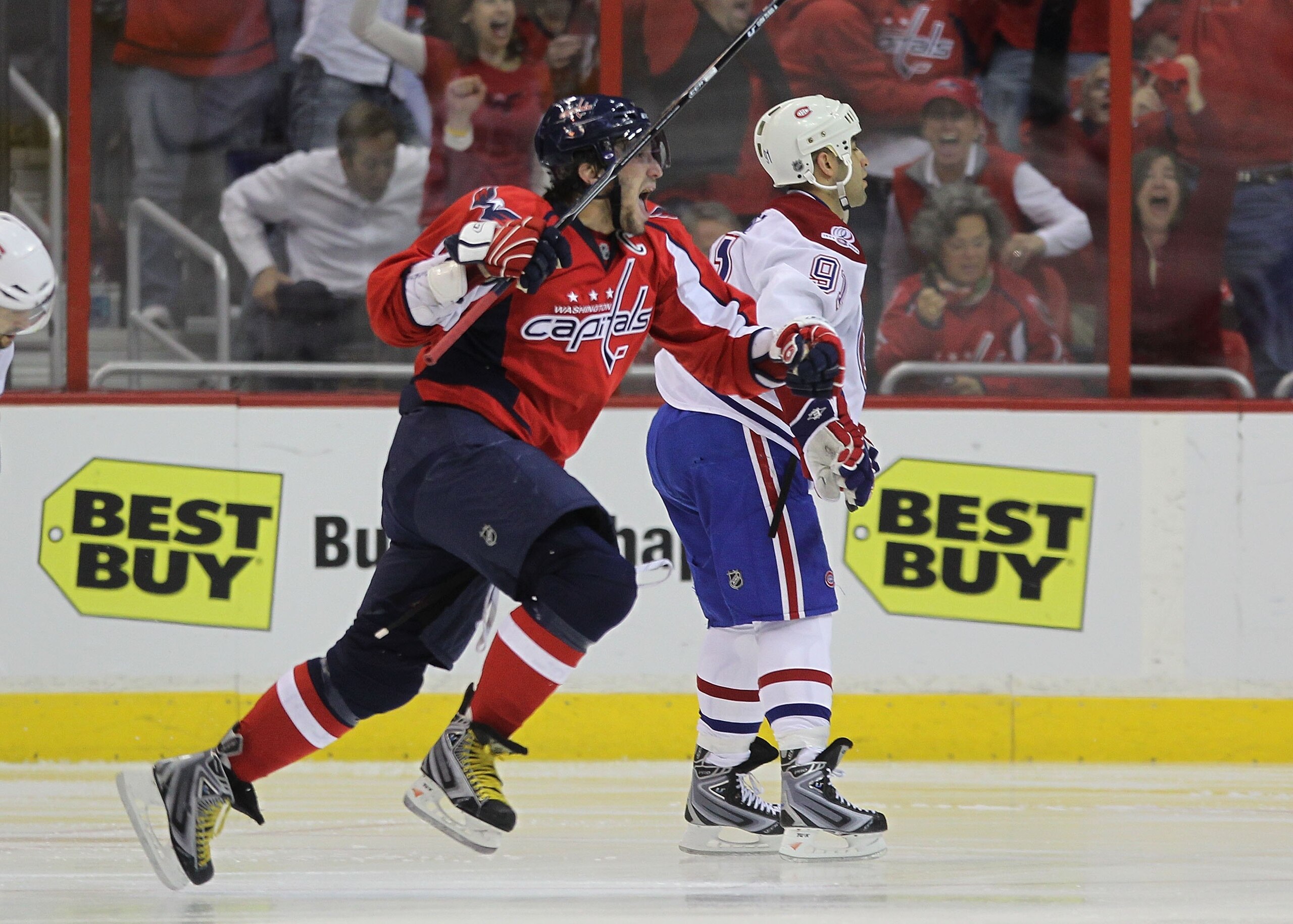 WASHINGTON - APRIL 28:  Alex Ovechkin #8 of the Washington Capitals celebrates a goal which was later disallowed against the Montreal Canadiens in Game Seven of the Eastern Conference Quarterfinals during the 2010 NHL Stanley Cup Playoffs at the Verizon C