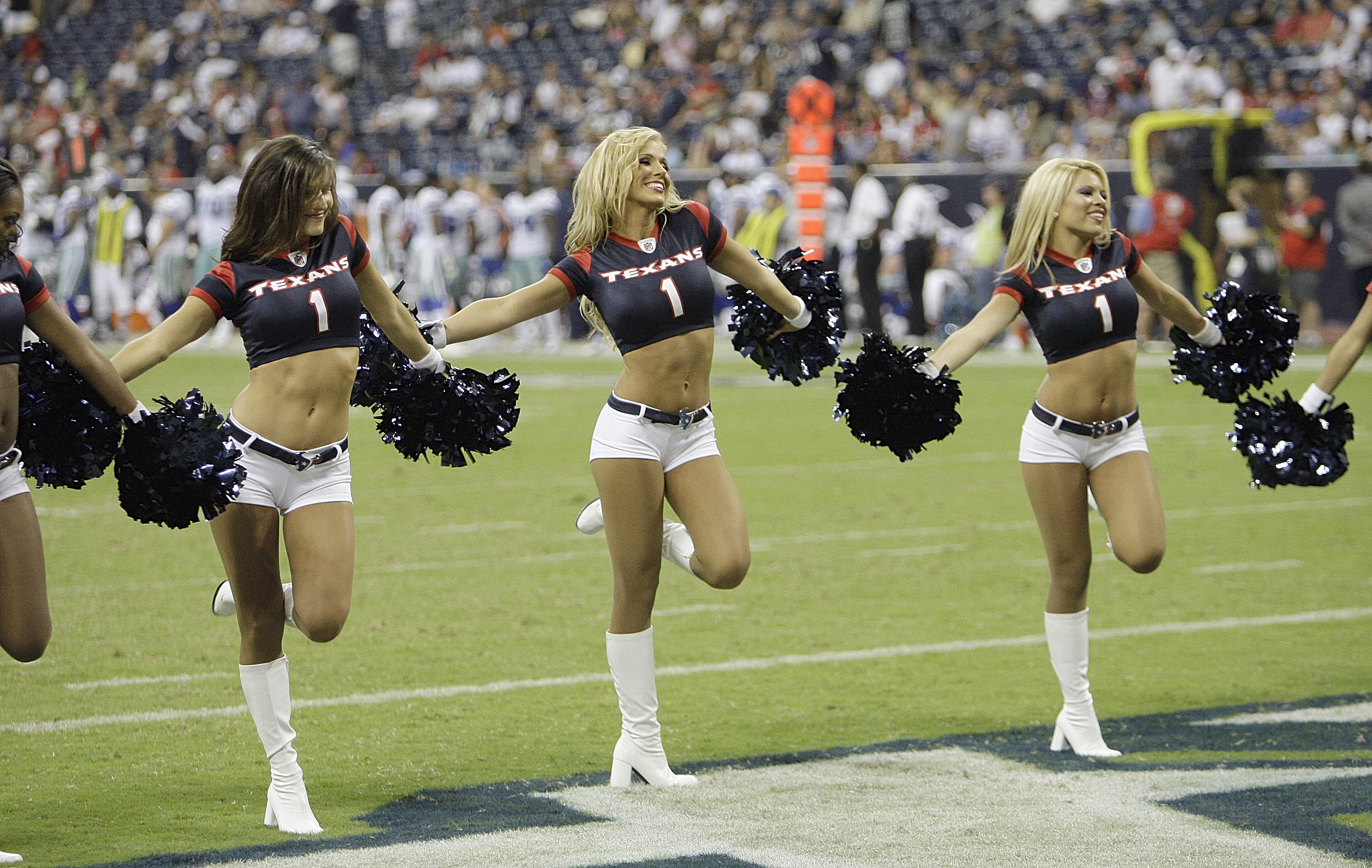HOUSTON - AUGUST 28: Houston Texans cheerleaders perform in the fourth quarter during a football game between the Dallas Cowboys and Houston Texans at Reliant Stadium on August 28, 2010 in Houston, Texas. (Photo by Bob Levey/Getty Images)