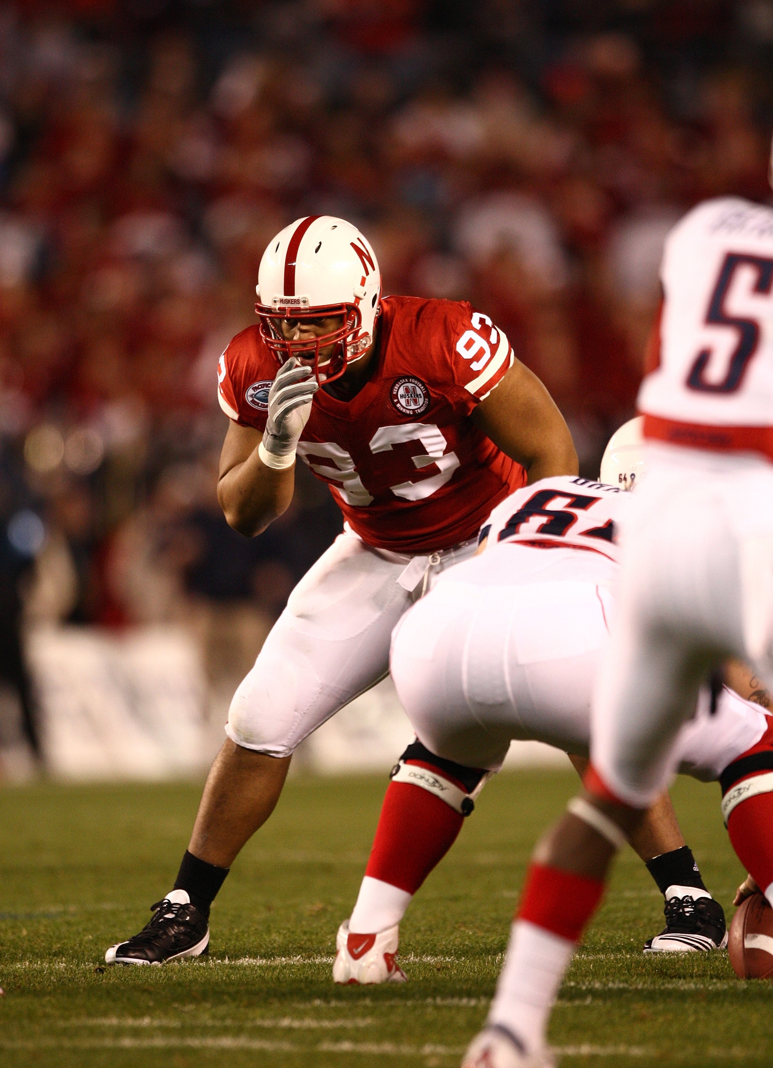 SAN DIEGO - DECEMBER 30:  Ndamukong Suh #93 of the University of Nebraska Cornhuskers lines up in his defensive position during the Pacific Life Holiday Bowl against University of Arizona Wildcats on December 30, 2009 at Qualcomm Stadium in San Diego, Cal