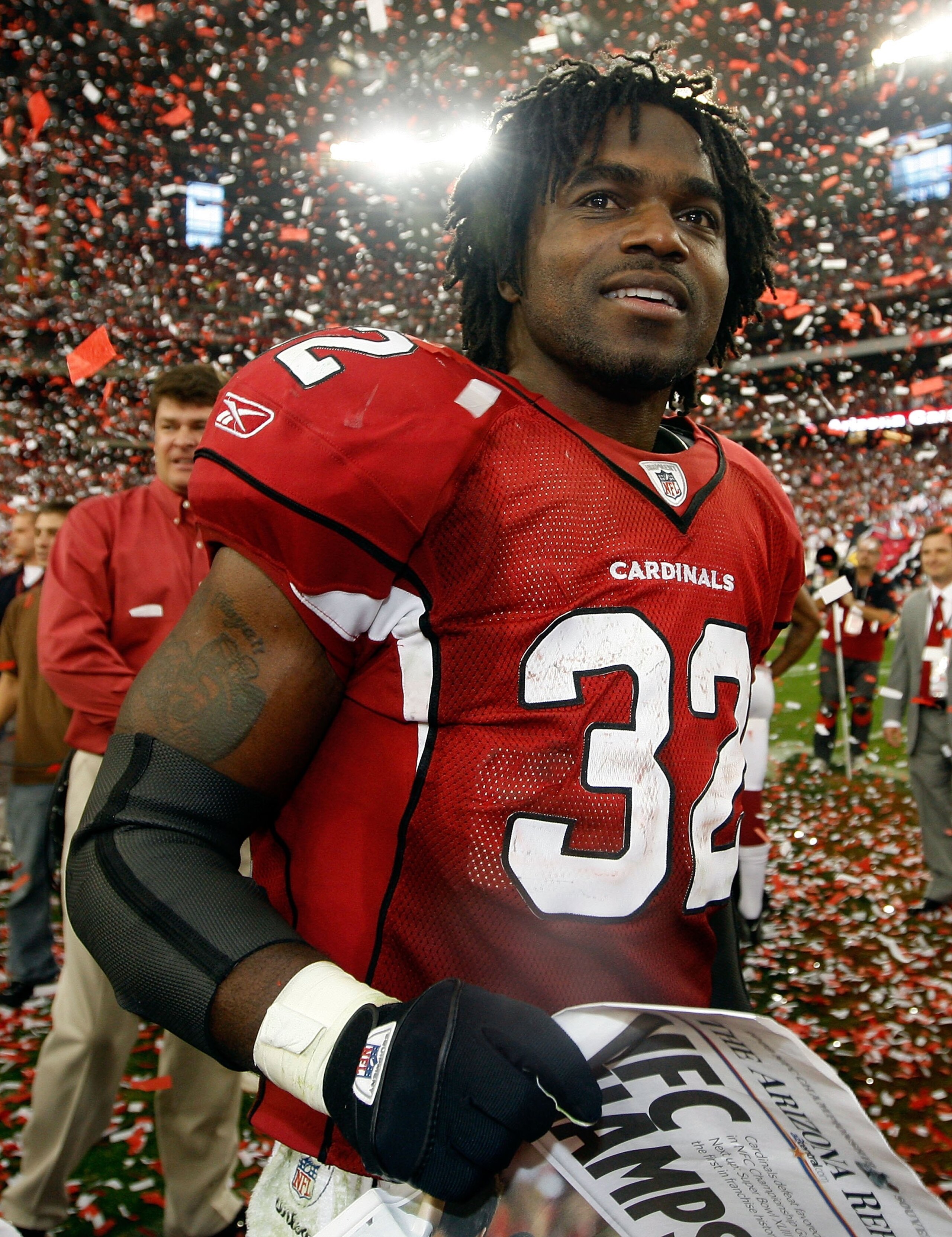 GLENDALE, AZ - JANUARY 18:  Running back Edgerrin James #32 of the Arizona Cardinals celebrates after winning the NFC championship game against the Philadelphia Eagles on January 18, 2009 at University of Phoenix Stadium in Glendale, Arizona. The Cardinal