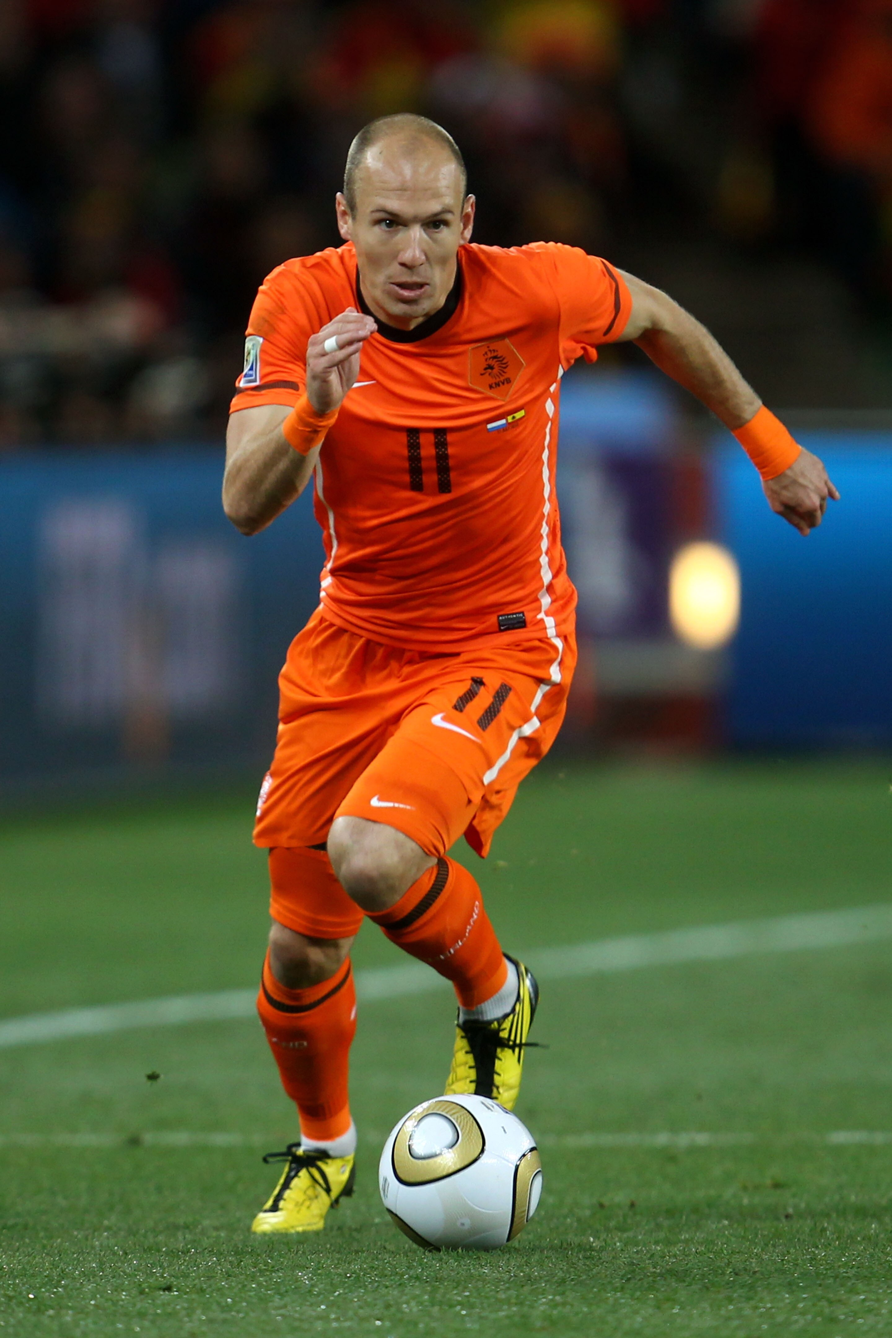 JOHANNESBURG, SOUTH AFRICA - JULY 11:  Arjen Robben of the Netherlands runs with the ball during the 2010 FIFA World Cup South Africa Final match between Netherlands and Spain at Soccer City Stadium on July 11, 2010 in Johannesburg, South Africa.  (Photo
