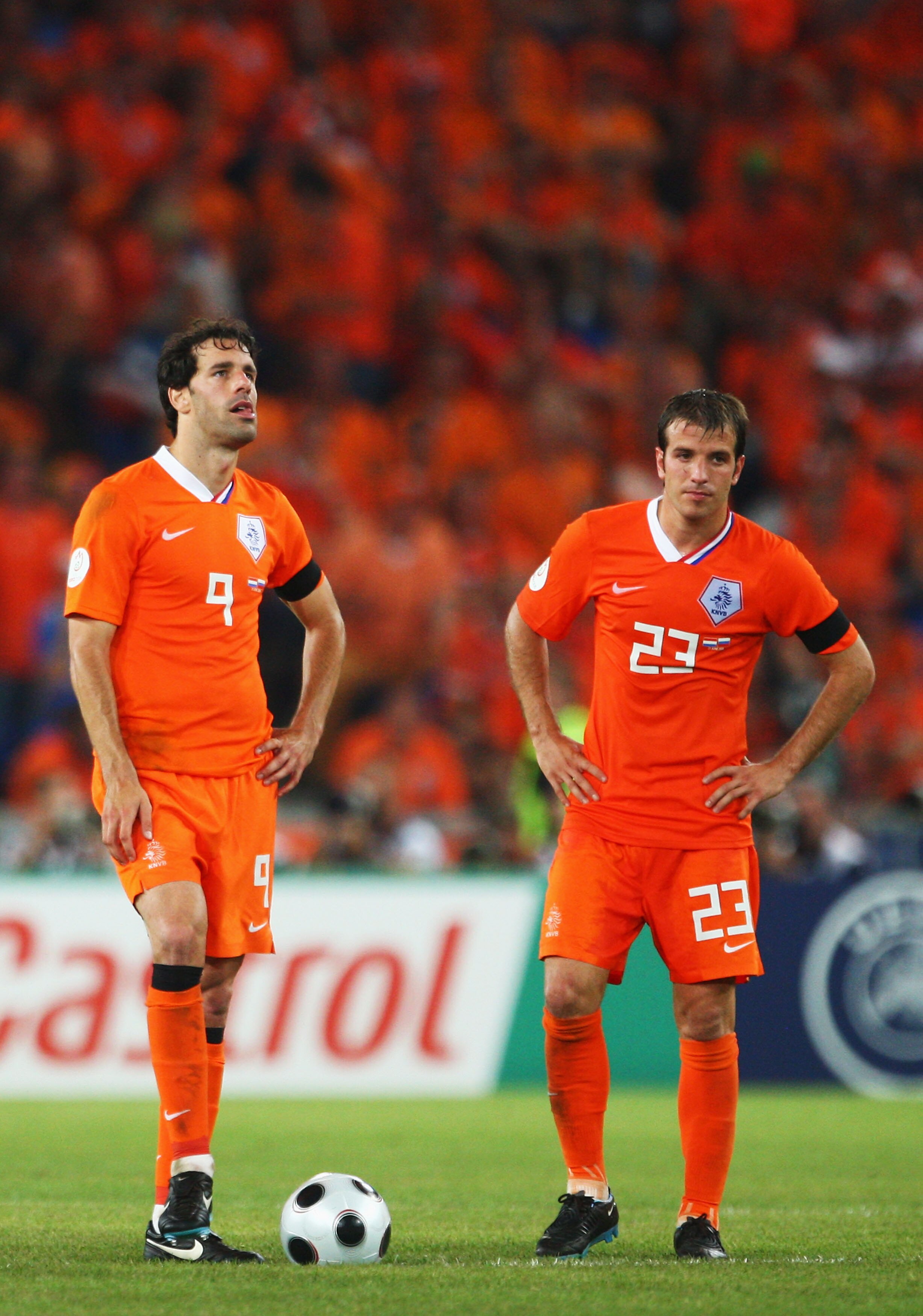 BASEL, SWITZERLAND - JUNE 21:  Ruud van Nistelrooy (L) of Netherlands looks on with Rafael van der Vaart of Netherlands during the UEFA EURO 2008 Quarter Final match between Netherlands and Russia at St. Jakob-Park on June 21, 2008 in Basel, Switzerland. 