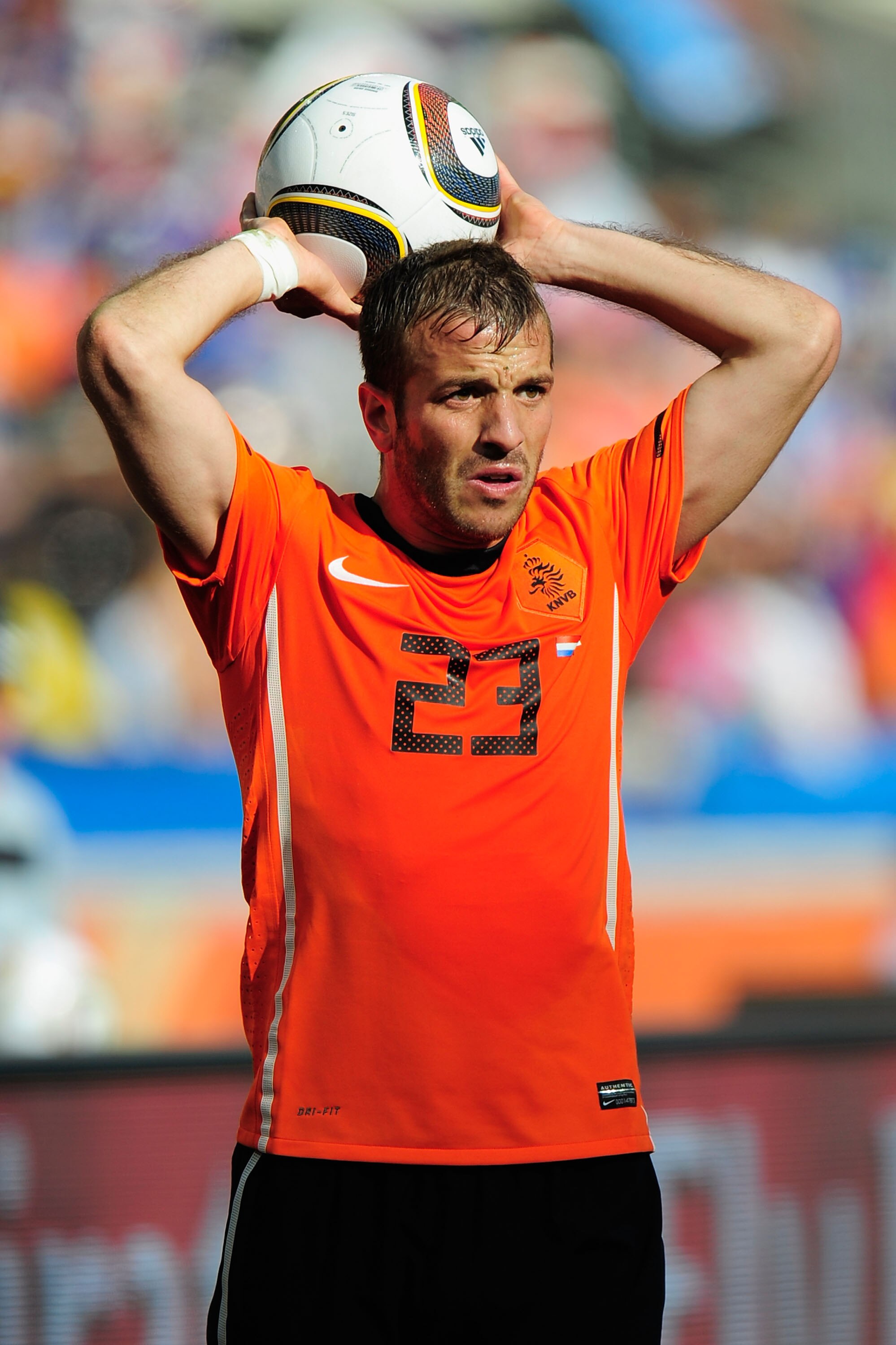 DURBAN, SOUTH AFRICA - JUNE 19:  Rafael Van der Vaart of the Netherlands takes a throw in during the 2010 FIFA World Cup South Africa Group E match between Netherlands and Japan at Durban Stadium on June 19, 2010 in Durban, South Africa.  (Photo by Stuart