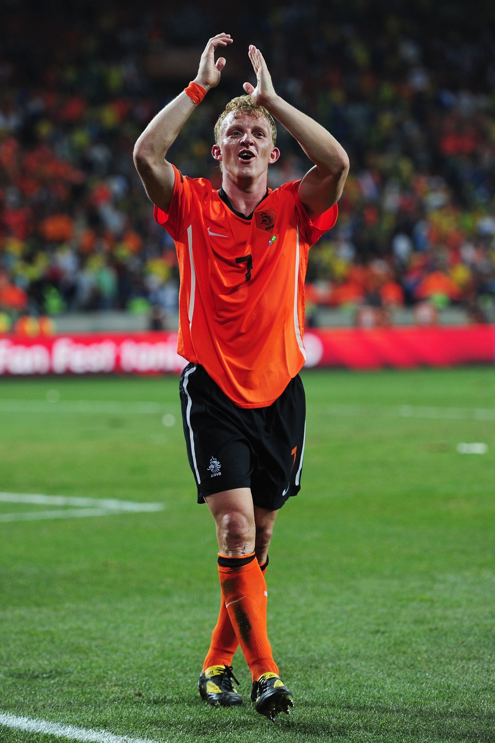 PORT ELIZABETH, SOUTH AFRICA - JULY 02:  Dirk Kuyt of the Netherlands celebrates after victory and progress to the semi-finals during the 2010 FIFA World Cup South Africa Quarter Final match between Netherlands and Brazil at Nelson Mandela Bay Stadium on