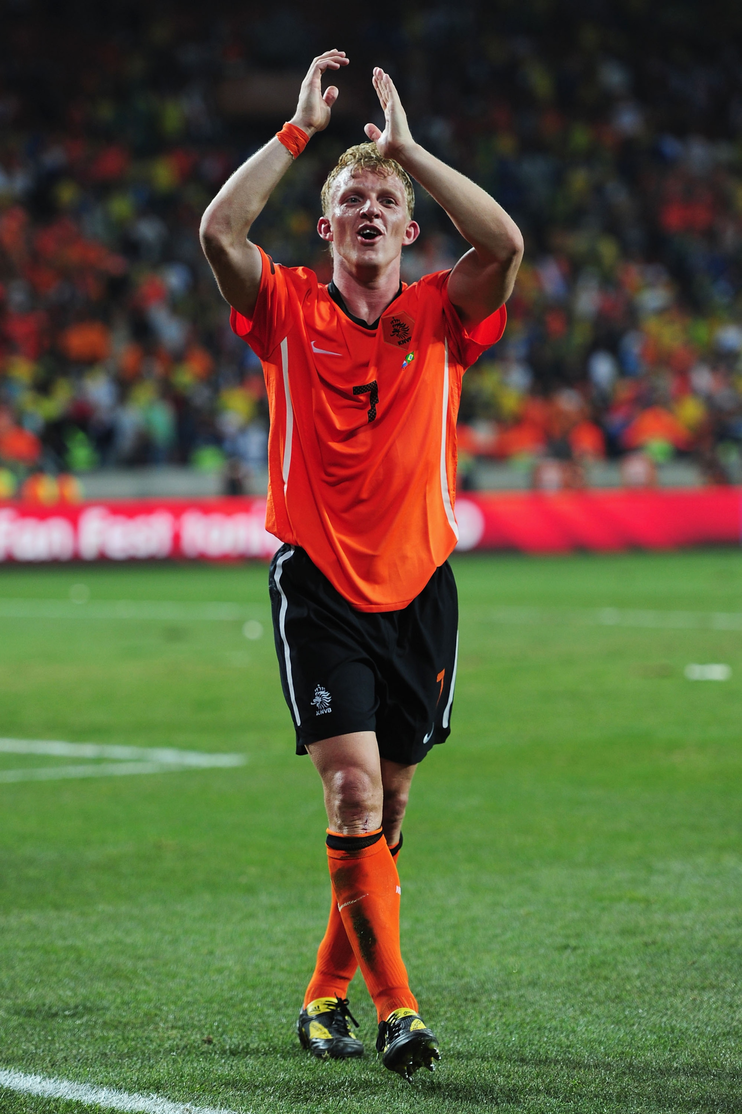 PORT ELIZABETH, SOUTH AFRICA - JULY 02:  Dirk Kuyt of the Netherlands celebrates after victory and progress to the semi-finals during the 2010 FIFA World Cup South Africa Quarter Final match between Netherlands and Brazil at Nelson Mandela Bay Stadium on