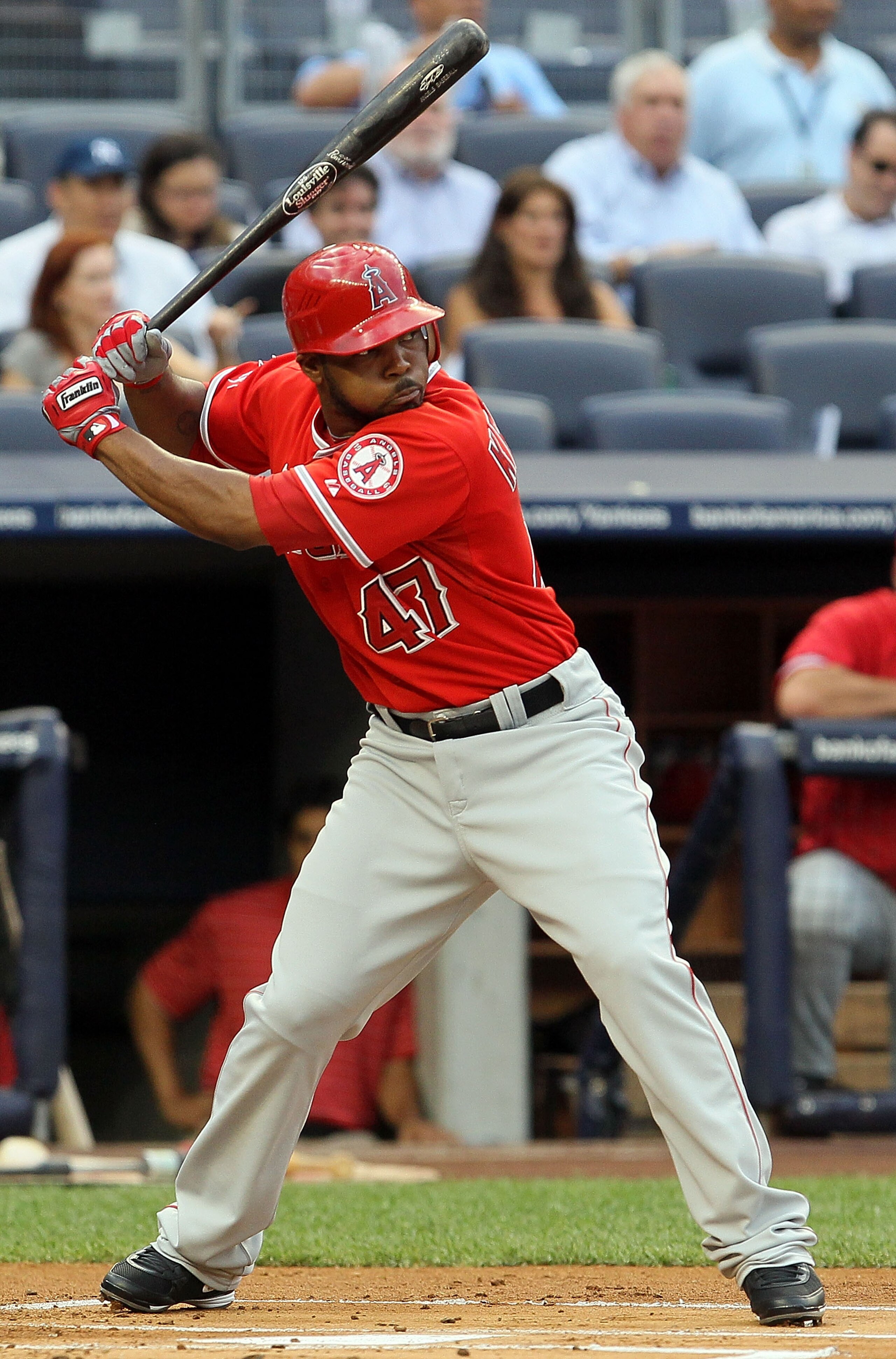 NEW YORK - JULY 20:  Howie Kendrick #47 of the Los Angeles Angels of Anaheim bats against the New York Yankees on July 20, 2010 at Yankee Stadium in the Bronx borough of New York City.  (Photo by Jim McIsaac/Getty Images)