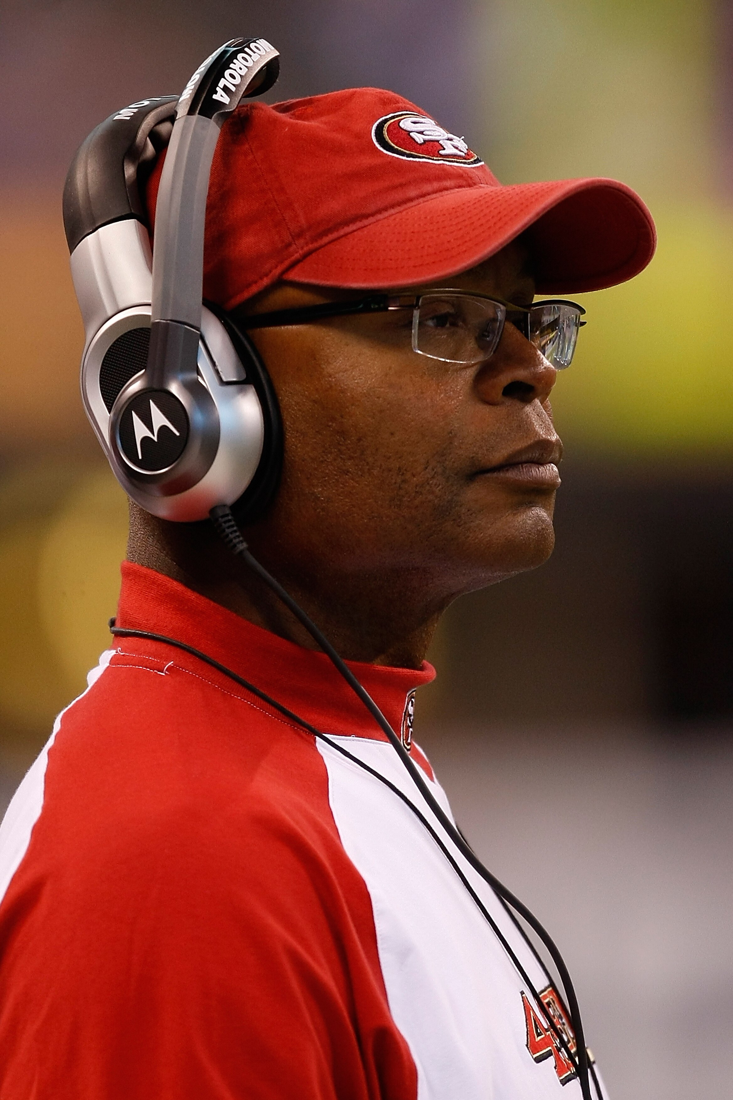INDIANAPOLIS, IN - AUGUST 15: Mike Singletary of the San Francisco 49ers looks on during the preseason game against the Indianapolis Colts at Lucas Oil Stadium on August 15, 2010 in Indianapolis, Indiana.  (Photo by Scott Boehm/Getty Images)