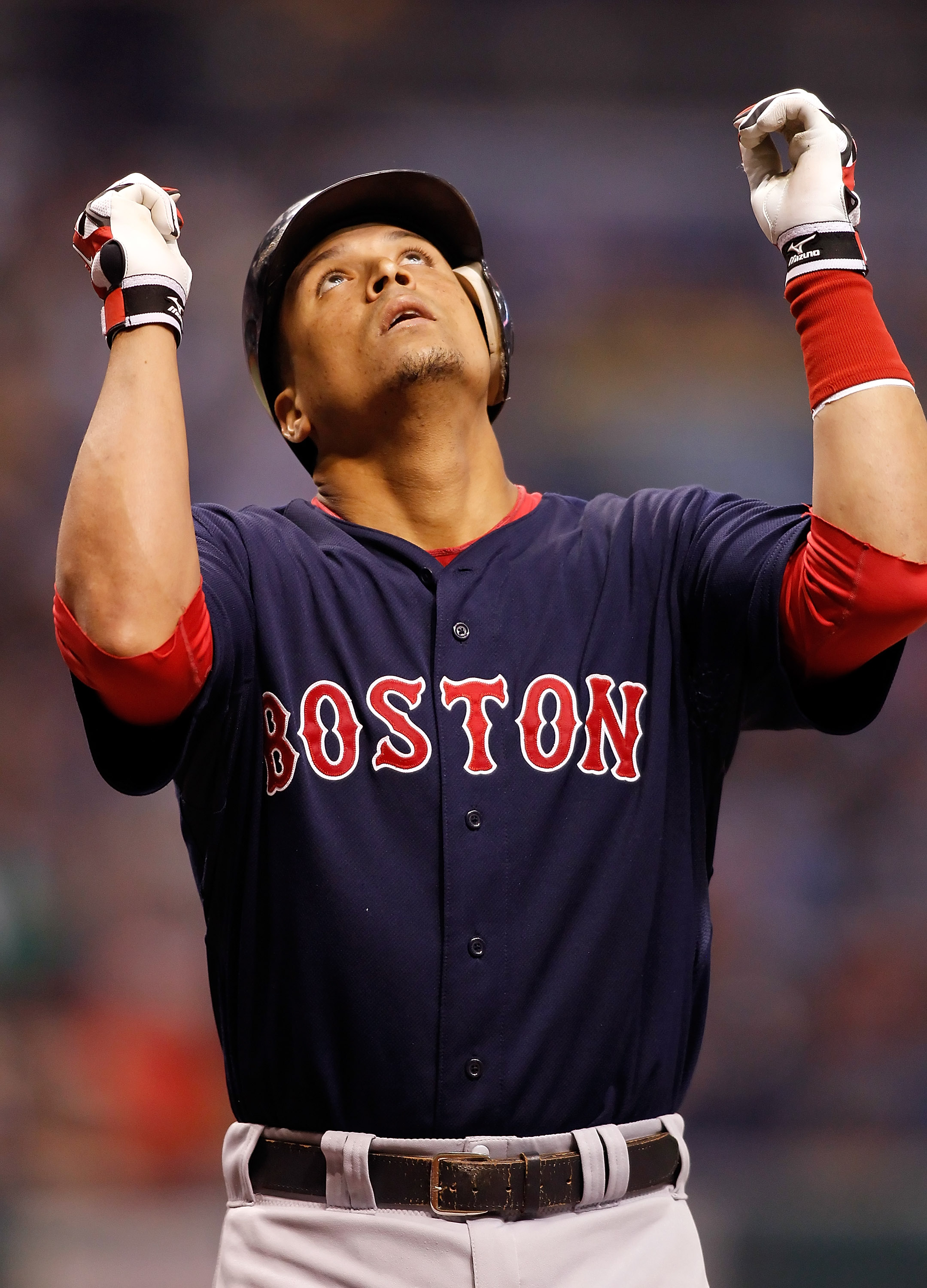 ST PETERSBURG, FL - AUGUST 27:  Catcher Victor Martinez #41 of the Boston Red Sox celebrates after his first inning home run against the Tampa Bay Rays during the game at Tropicana Field on August 27, 2010 in St. Petersburg, Florida.  (Photo by J. Meric/G
