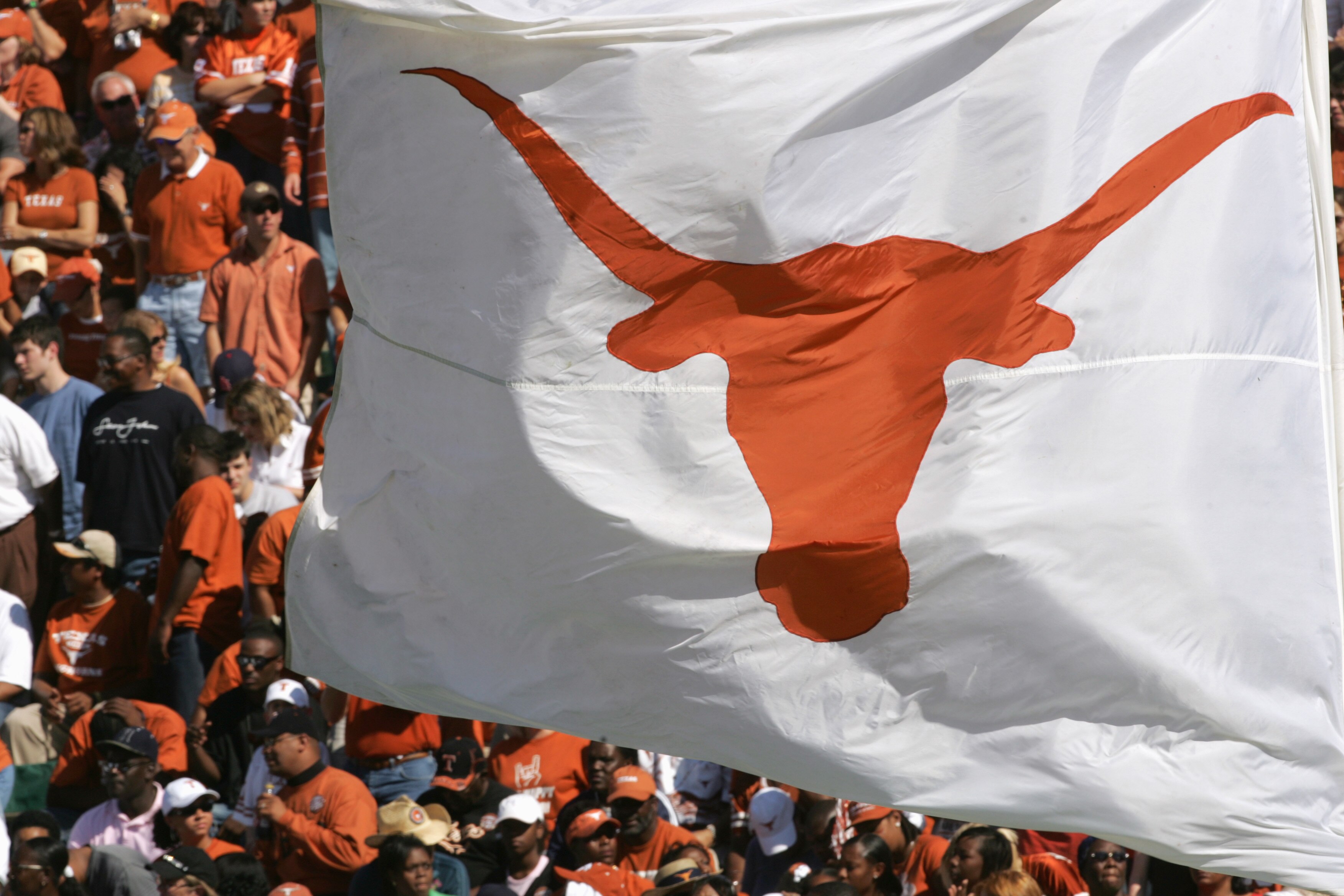 WACO. TX - NOVEMBER 5:  The longhorn flag of the Texas Longhorns waves in the crowd during the game against the Baylor Bears on November 5, 2005 at Floyd Casey Stadium in Waco, Texas.  Texas won 62-0. (Photo by Stephen Dunn /Getty Images)