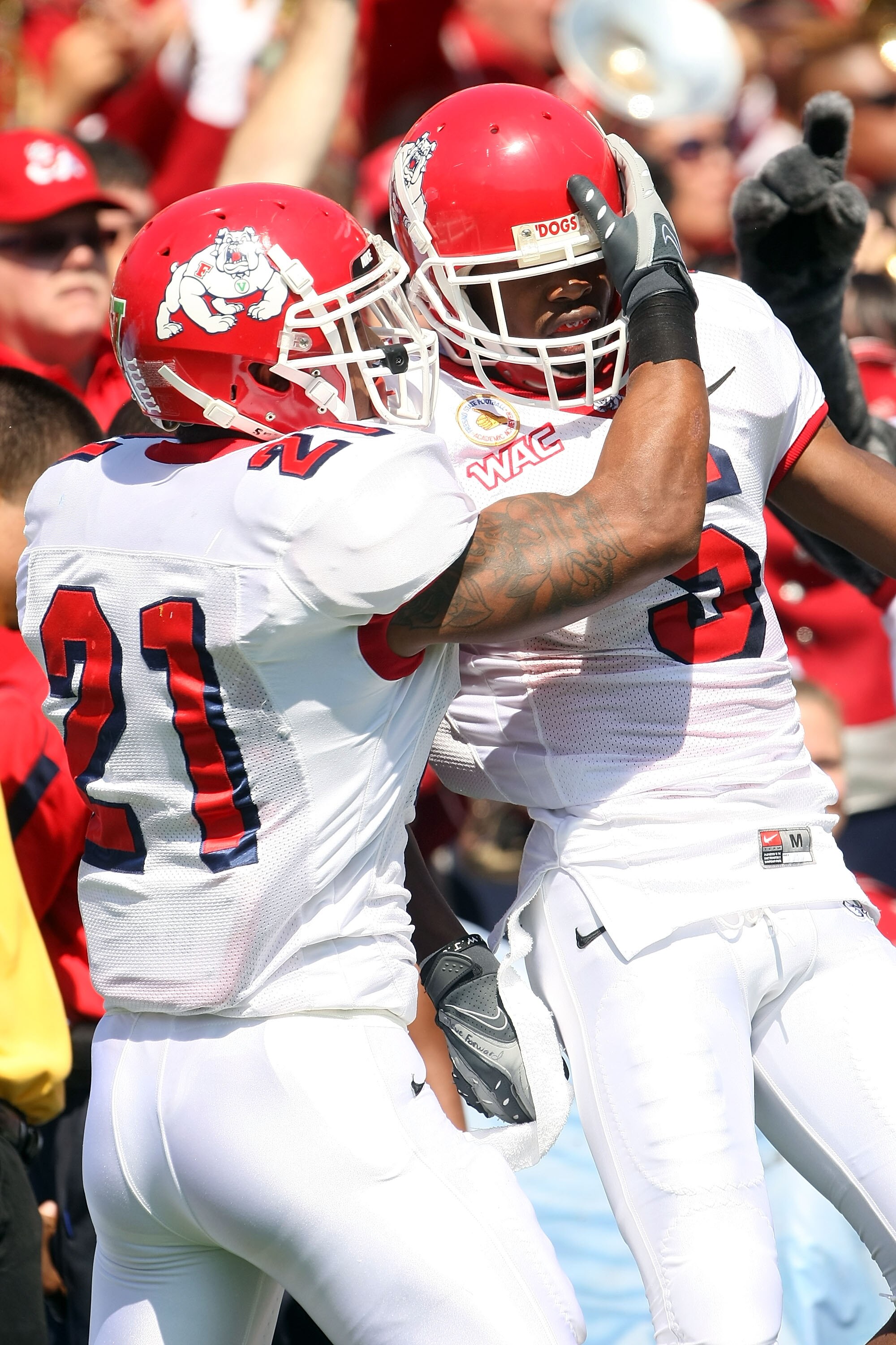 PASADENA, CA - SEPTEMBER 27:  Ryan Matthews #21 and Marlon Moore #5 of the Frenso State Bulldogs celebrate a touchcdown in the first quarter against the UCLA Bruins during the game on September 27, 2008 at the Rose Bowl in Pasadena, California.  (Photo by