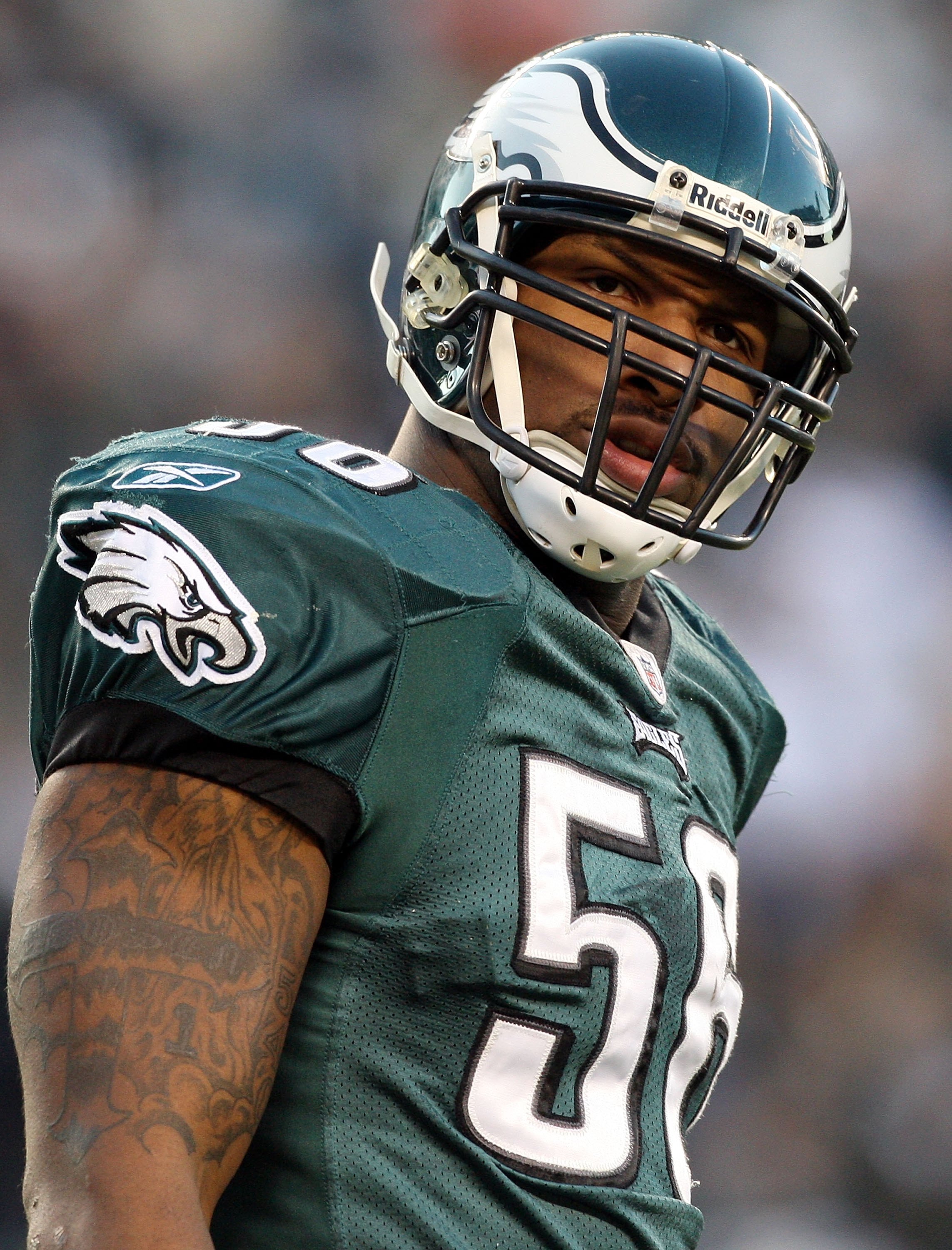 PHILADELPHIA - DECEMBER 27:  Akeem Jordan #56 of the Philadelphia Eagles looks on against the Denver Broncos on December 27, 2009 at Lincoln Financial Field in Philadelphia, Pennsylvania. The Eagles defeated the Broncos 30-27.  (Photo by Jim McIsaac/Getty
