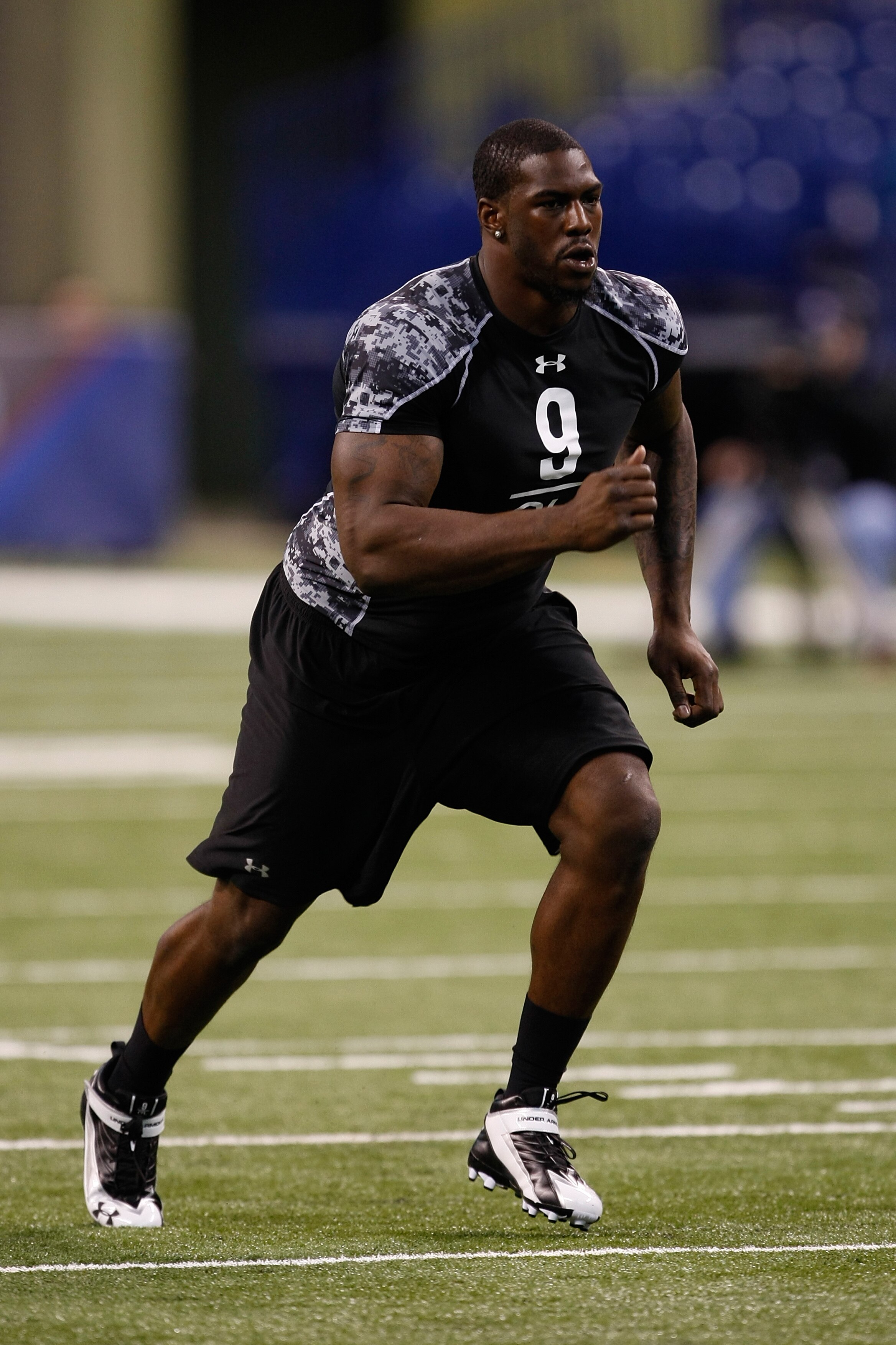 INDIANAPOLIS, IN - FEBRUARY 27: Offensive lineman Bruce Campbell of Maryland runs during practice drills during the NFL Scouting Combine presented by Under Armour at Lucas Oil Stadium on February 27, 2010 in Indianapolis, Indiana. (Photo by Scott Boehm/Ge