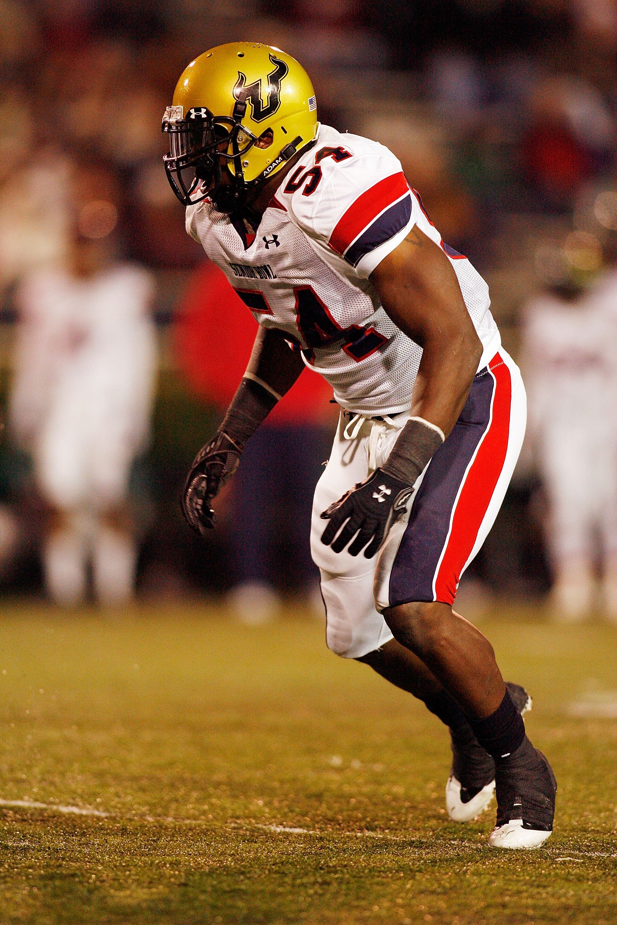 MOBILE, AL - JANUARY 24:  Tyrone McKenzie #54 of North Team runs against the South Team during the Under Armour Senior Bowl on January 24, 2009 at Ladd-Peebles Stadium in Mobile, Alabama.  (Photo by Chris Graythen/Getty Images for Under Armour)