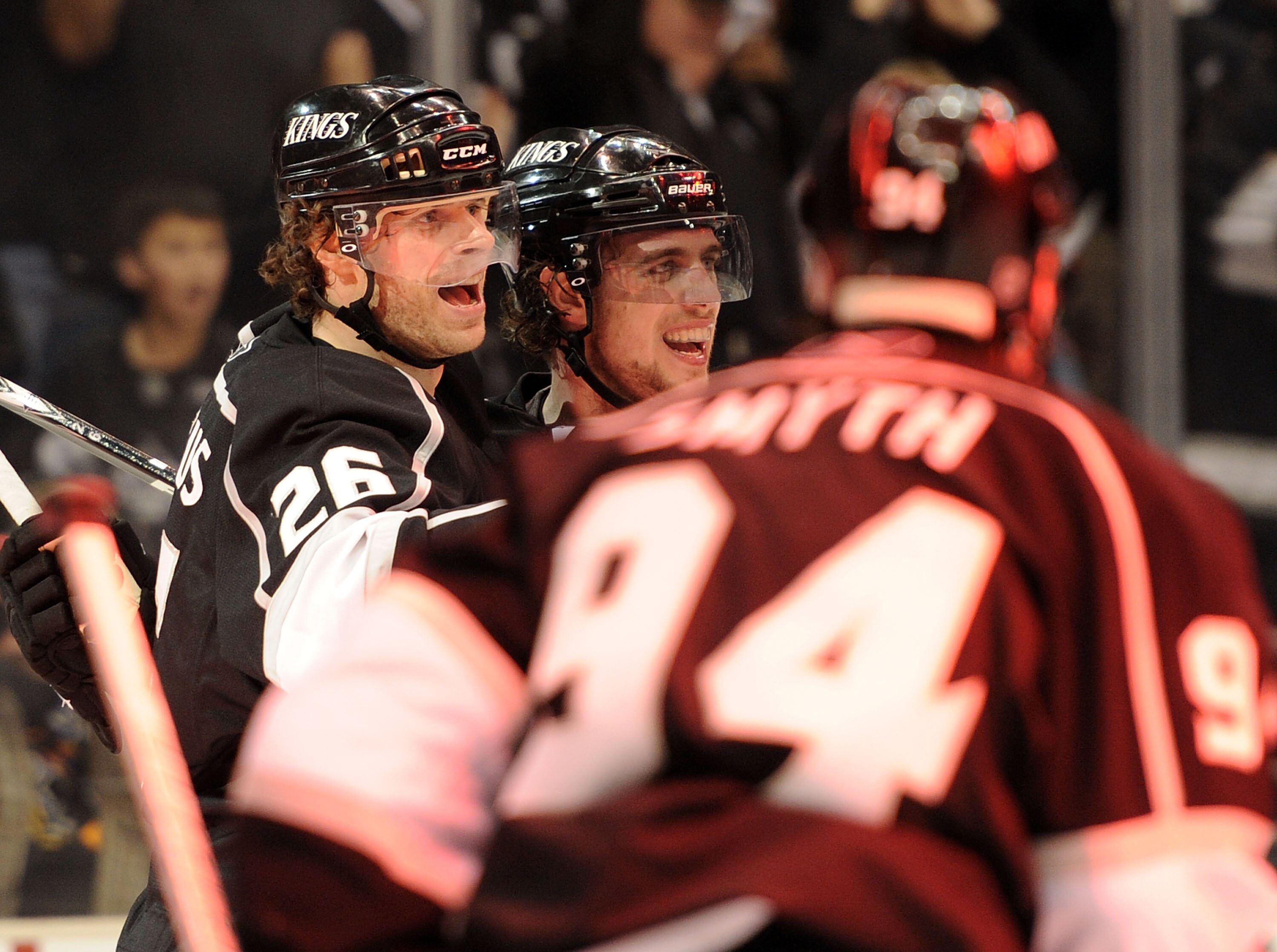 LOS ANGELES, CA - APRIL 19:  Michal Handzus #26 of the Los Angeles Kings celebrates  his second goal of the game with Anze Kopitar #11 and as Ryan Smyth #94 for a 3-1 lead over the Vancouver Canucks during the second period in game three of the Western Co