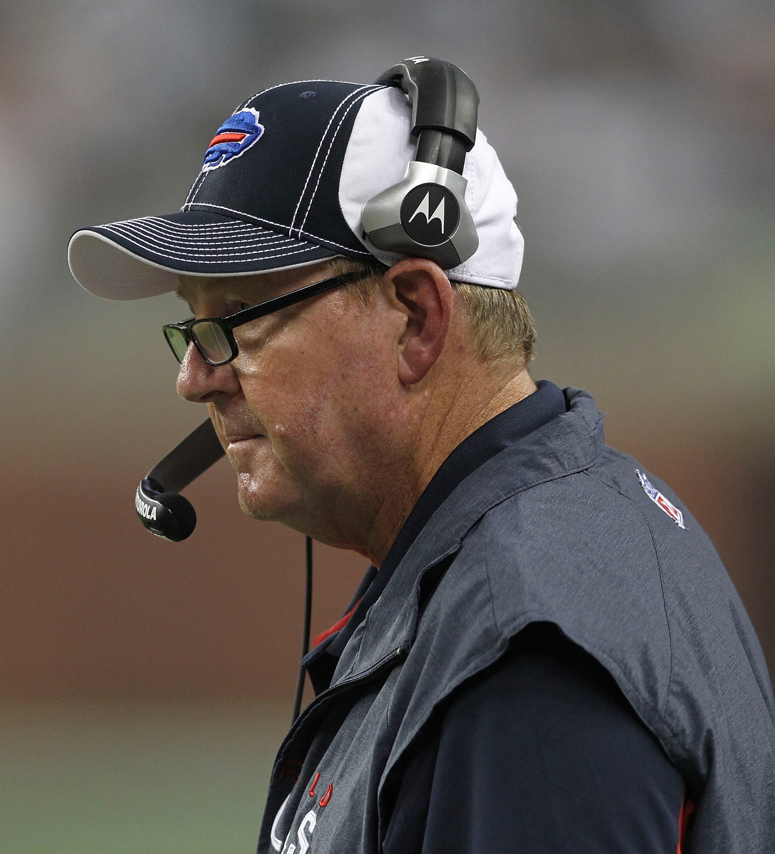 DETROIT - SEPTEMBER 02:  Buffalo Bills head coach Chan Gailey watches the action during the fouth quarter of the preseason game at Ford Field on September 2, 2010 in Detroit, Michigan. The Lions defeated the Bills 28-23.  (Photo by Leon Halip/Getty Images