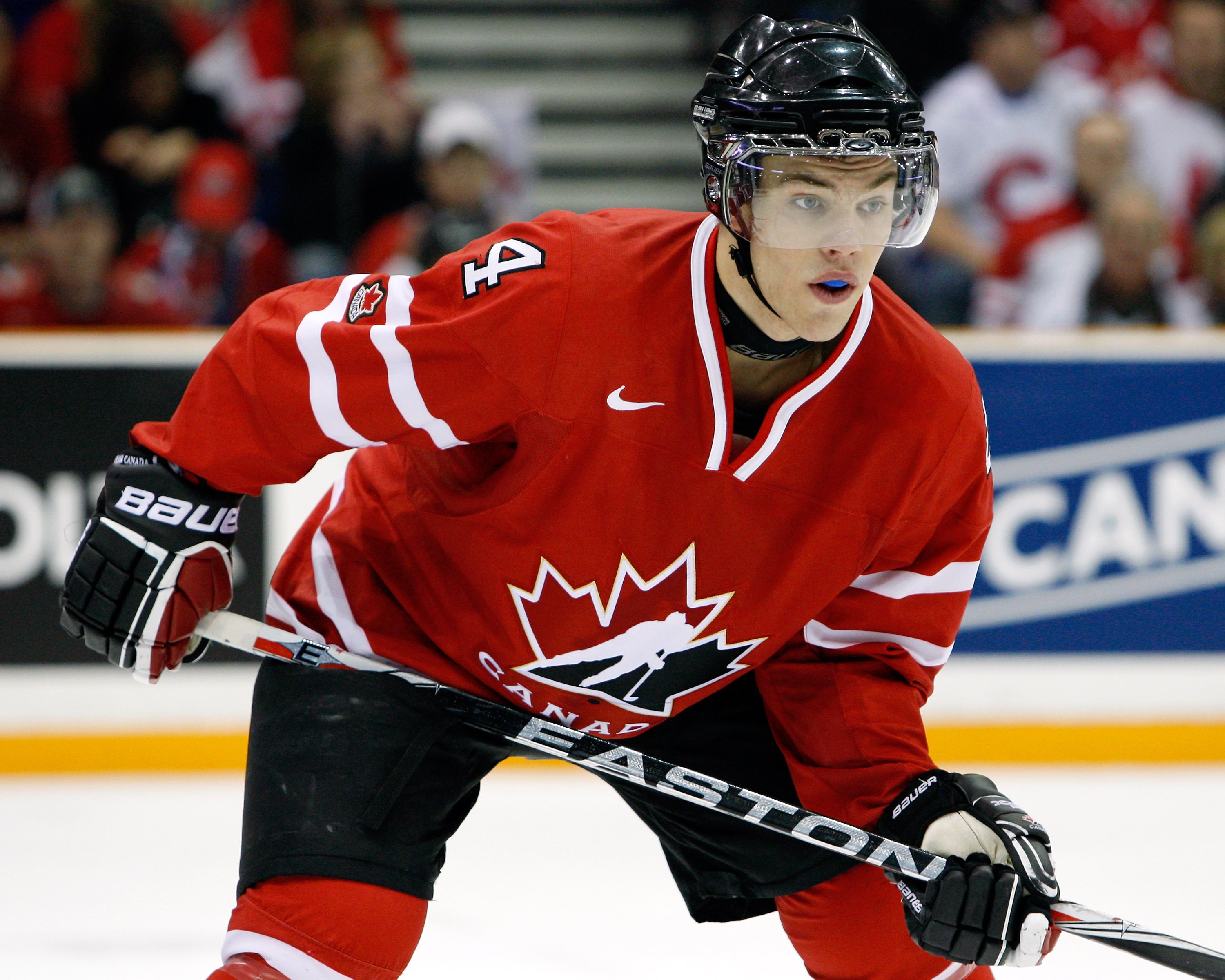 SASKATOON, SK - JANUARY 5:  Taylor Hall #4 of Team Canada waits for a faceoff during the 2010 IIHF World Junior Championship Tournament Gold Medal game against Team USA on January 5, 2010 at the Credit Union Centre in Saskatoon, Saskatchewan, Canada.  Tea