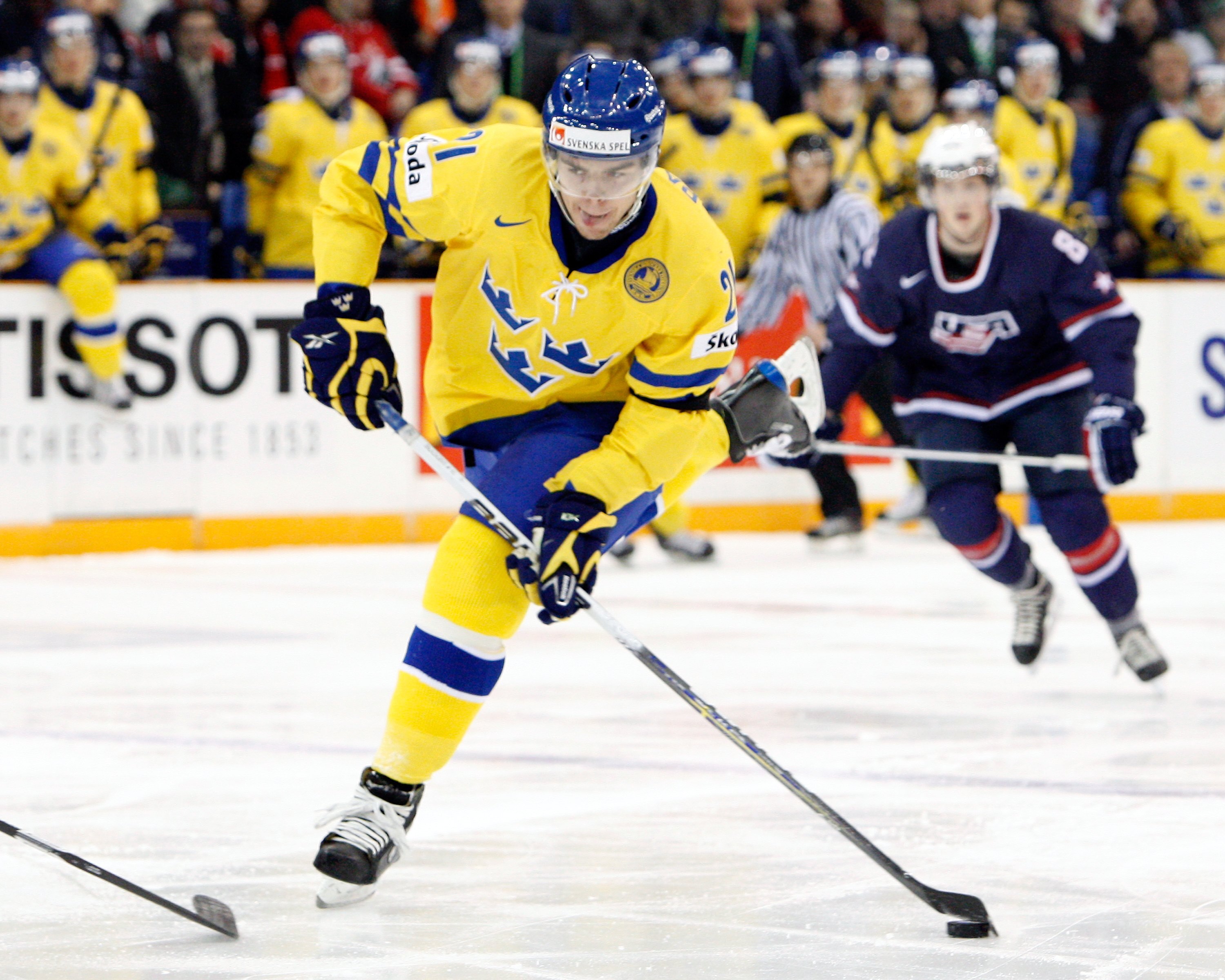 SASKATOON, SK - JANUARY 3:  Magnus Svensson Paajarvi #21 of Team Sweden shoots the puck during the 2010 IIHF World Junior Championship Tournament Semifinal game against Team USA on January 3, 2010 at the Credit Union Centre in Saskatoon, Saskatchewan, Can