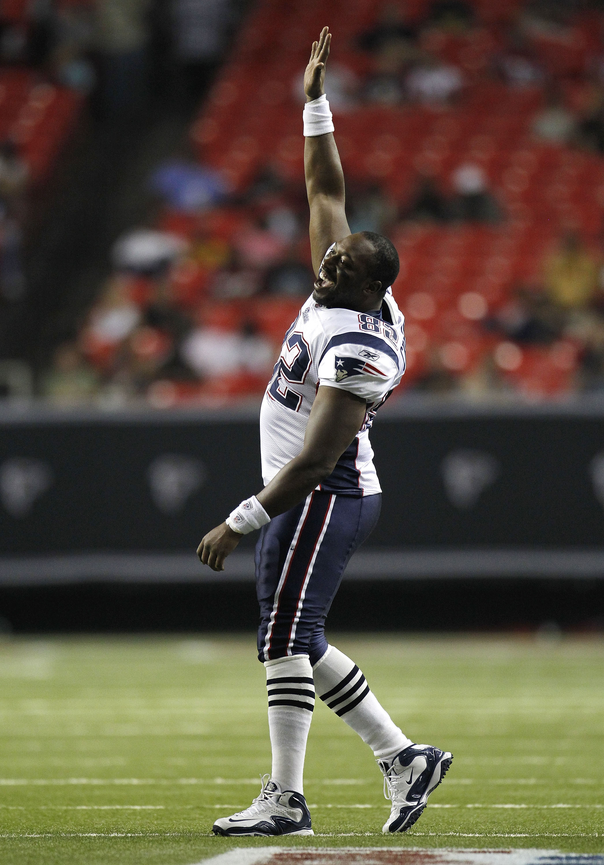 ATLANTA - AUGUST 19:  Tight end Alge Crumpler #82 of the New England Patriots celebrates a fourth quarter touchdown during the preseason game against the Atlanta Falcons at the Georgia Dome on August 19, 2010 in Atlanta, Georgia.  The Patriots beat the Fa