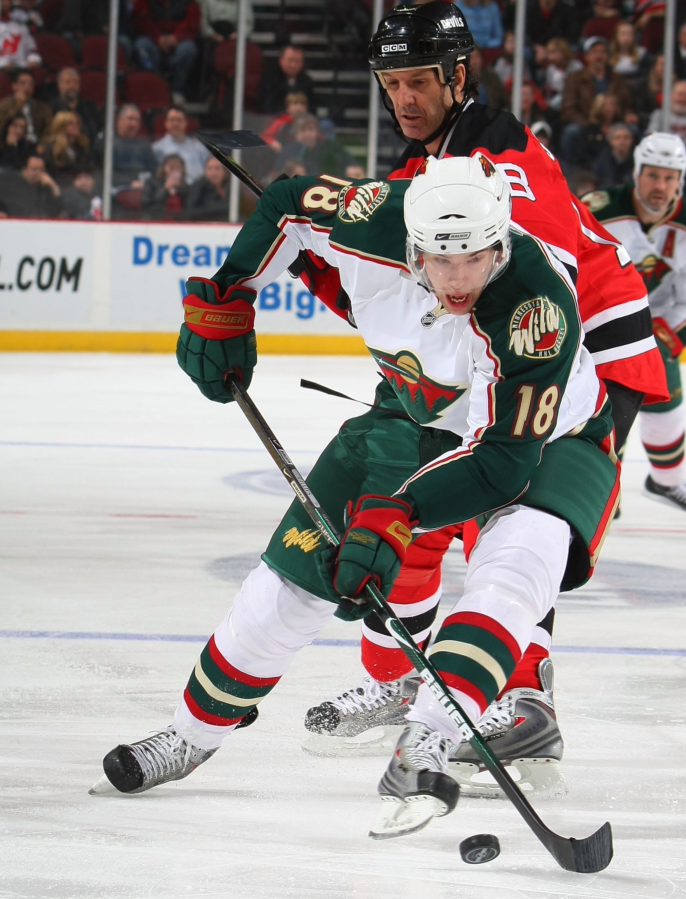 NEWARK, NJ - MARCH 20:  Colton Gillies #18 of the Minnesota Wild skates against  the New Jersey Devils on March 20, 2009 at the Prudential Center in Newark, New Jersey.  (Photo by Bruce Bennett/Getty Images)