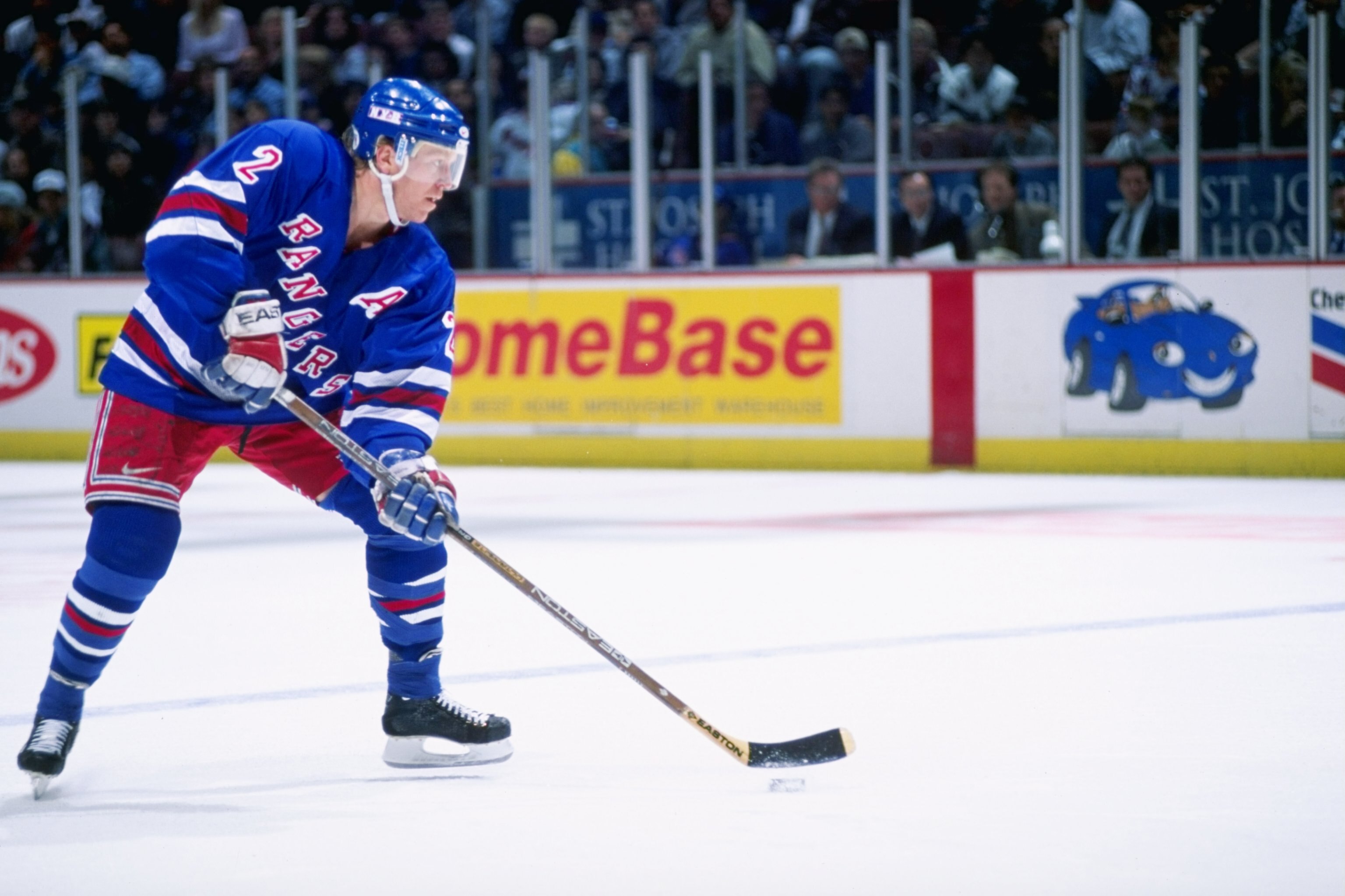 7 Mar 1997:  Defenseman Brian Leetch of the New York Rangers moves down the ice during a game against the Anaheim Mighty Ducks at Arrowhead Pond in Anaheim, California.  The Ducks won the game, 5-2. Mandatory Credit: Elsa Hasch  /Allsport