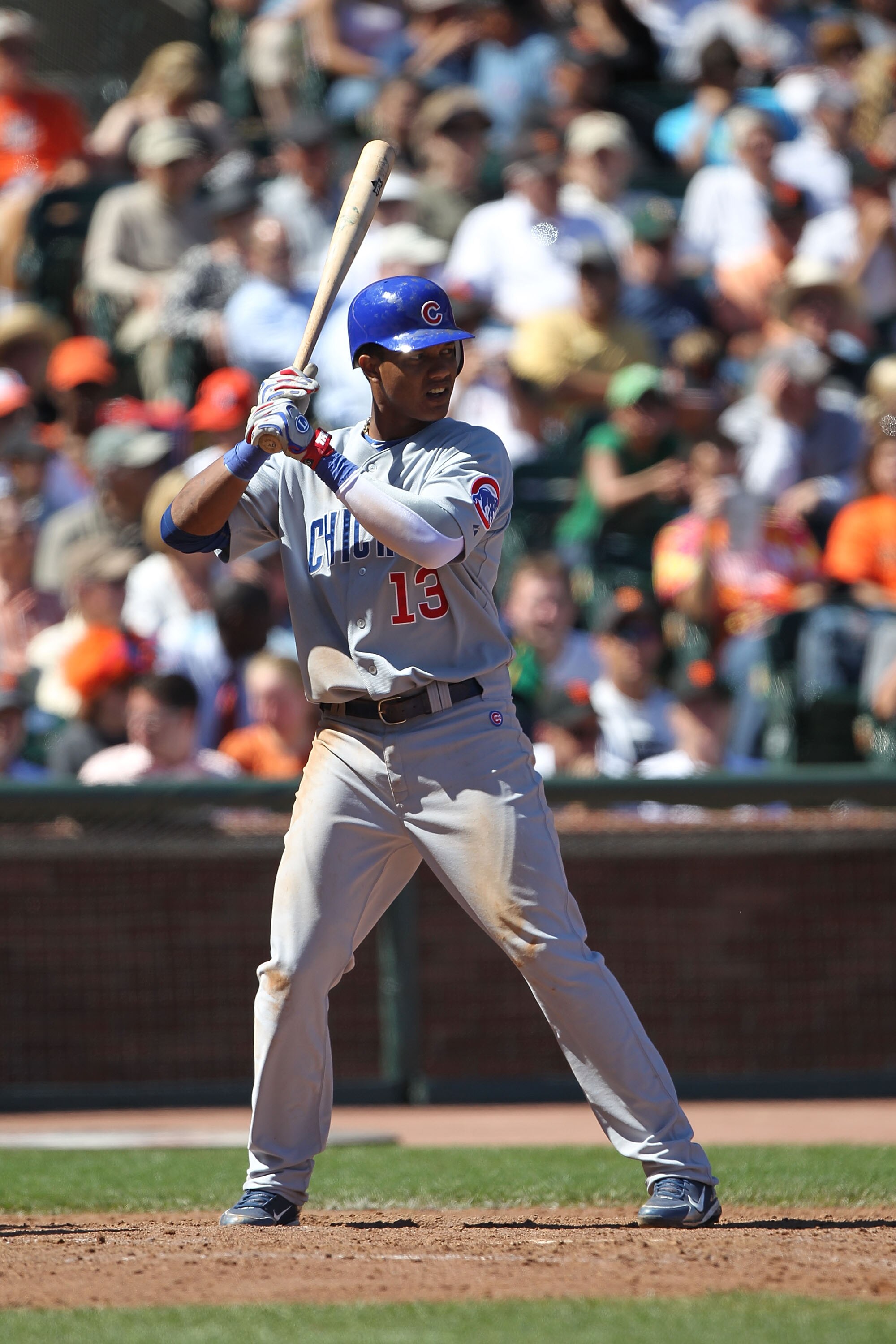 SAN FRANCISCO - AUGUST 12:  Starlin Castro #13 of the Chicago Cubs in action against the San Francisco Giants during an MLB game at AT&T Park on August 12, 2010 in San Francisco, California.  (Photo by Jed Jacobsohn/Getty Images)