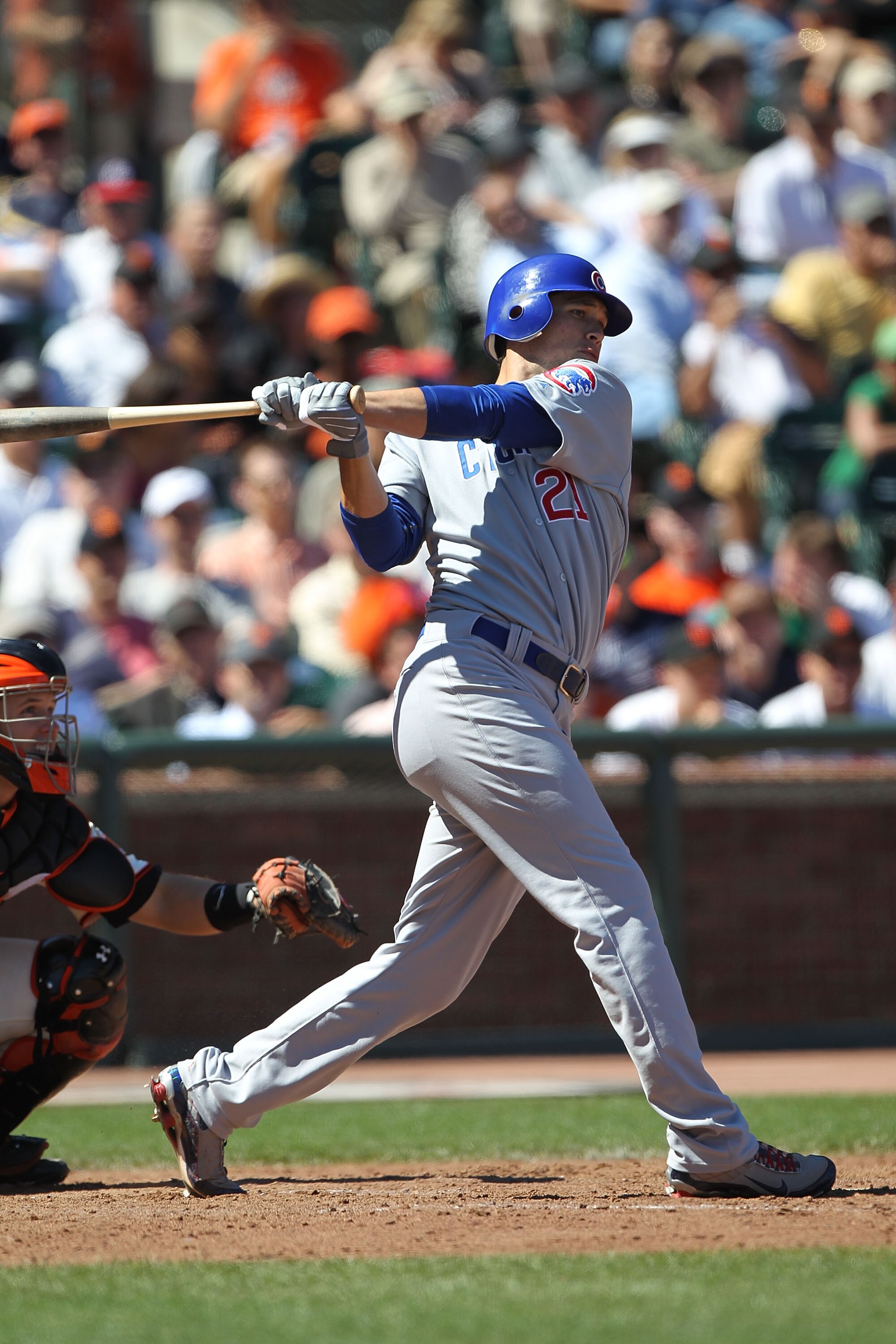 SAN FRANCISCO - AUGUST 12:  Tyler Colvin #21 of the Chicago Cubs bats against the San Francisco Giants during an MLB game at AT&T Park on August 12, 2010 in San Francisco, California.  (Photo by Jed Jacobsohn/Getty Images)
