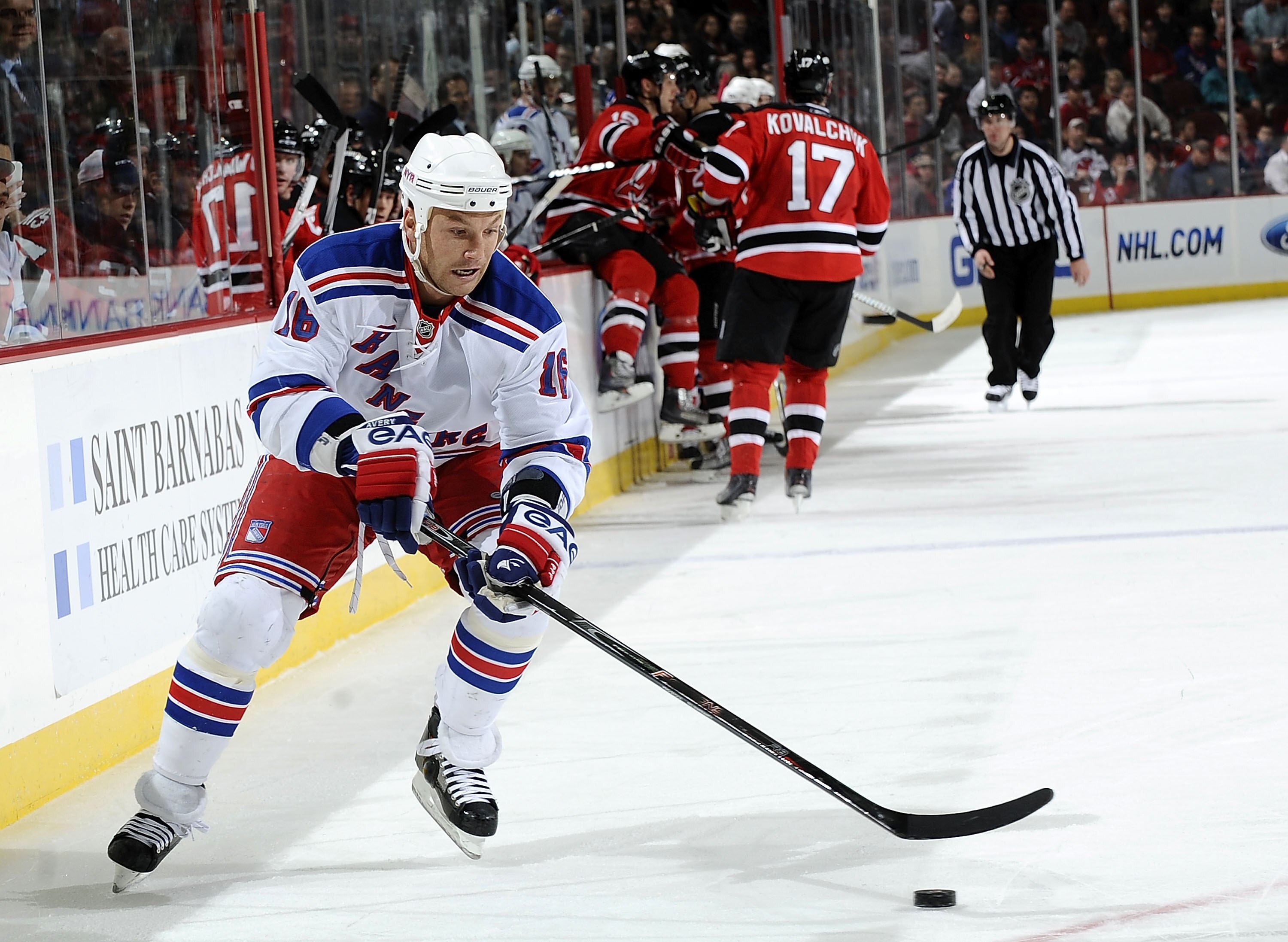 NEWARK, NJ - MARCH 25:  Sean Avery #16 of the New York Rangers skates against the New Jersey Devils at the Prudential Center on March 25, 2010 in Newark, New Jersey.  (Photo by Jeff Zelevansky/Getty Images)