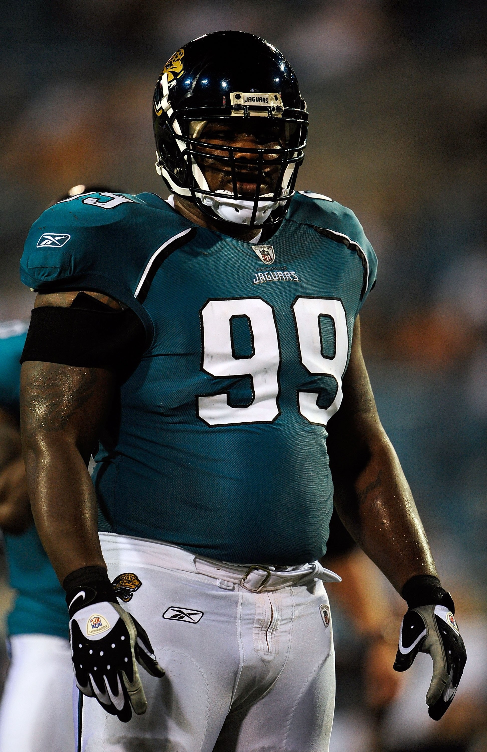 JACKSONVILLE, FL - AUGUST 22:  Atiyyah Ellison #99 of the Jacksonville Jaguars lines up during the game against the Tampa Bay Buccaneers at Jacksonville Municipal Stadium on August 22, 2009 in Jacksonville, Florida.  (Photo by Sam Greenwood/Getty Images)