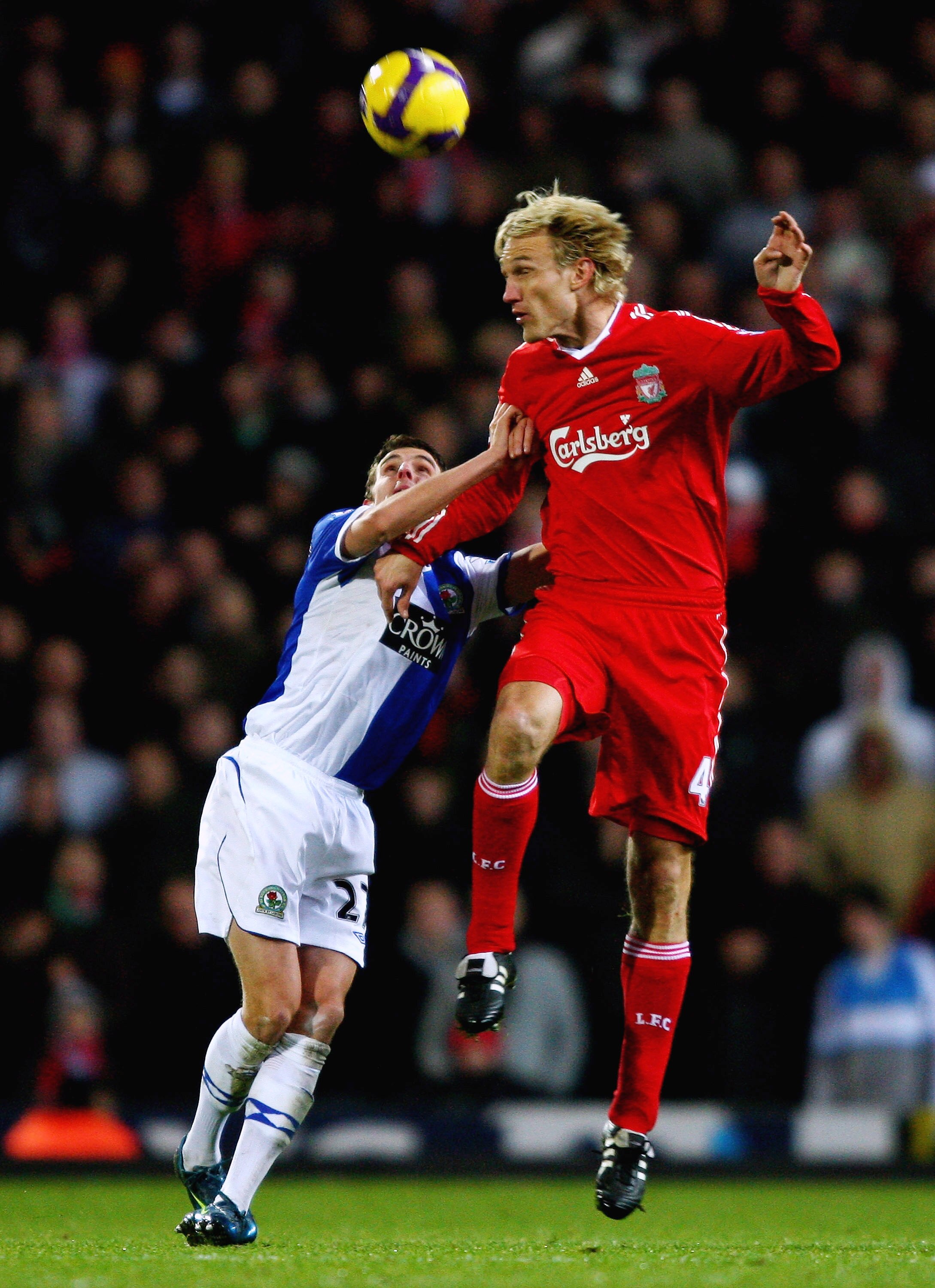 BLACKBURN, UNITED KINGDOM - DECEMBER 06: Sami Hyypia of Liverpool in action with Matt Derbyshire of Blackburn Rovers during the Barclays Premier League match between Blackburn Rovers and Liverpool at Ewood Park on December 6, 2008 in Blackburn, England.  