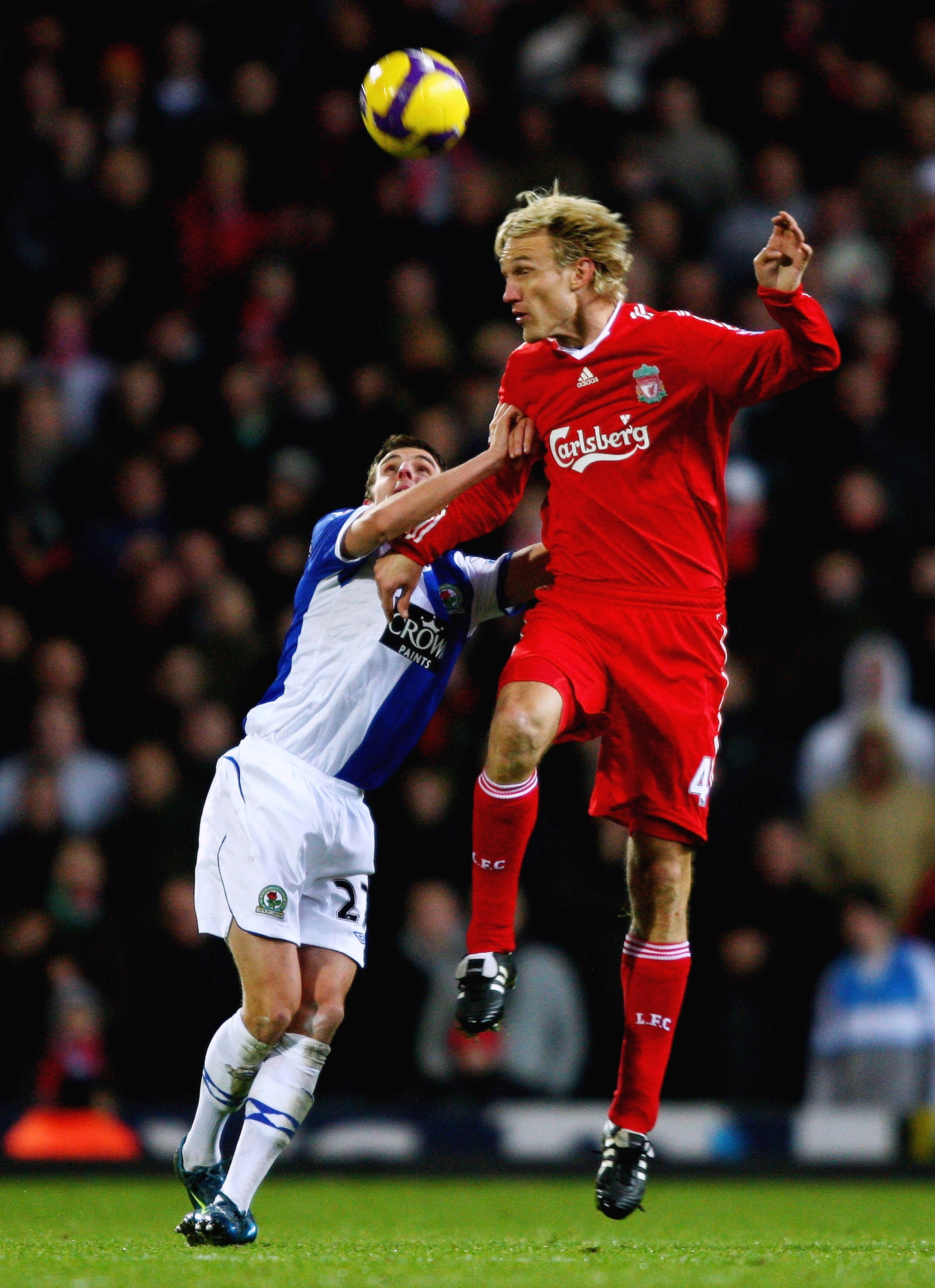 BLACKBURN, UNITED KINGDOM - DECEMBER 06: Sami Hyypia of Liverpool in action with Matt Derbyshire of Blackburn Rovers during the Barclays Premier League match between Blackburn Rovers and Liverpool at Ewood Park on December 6, 2008 in Blackburn, England.  