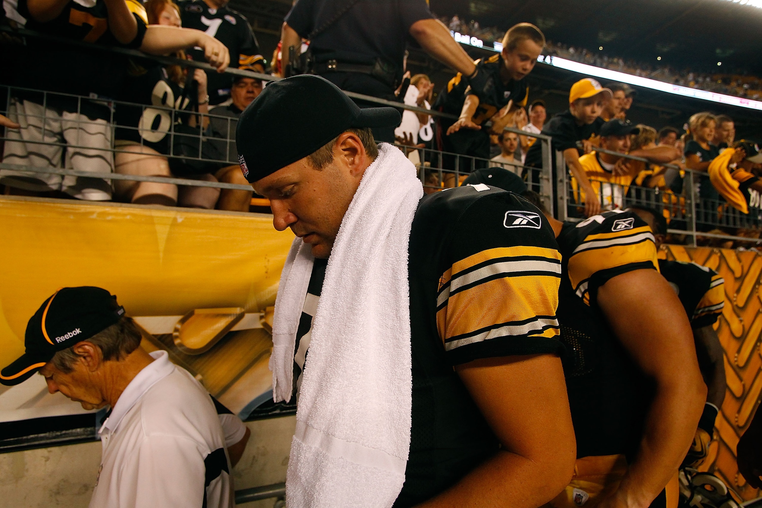 PITTSBURGH - SEPTEMBER 02:  Ben Roethlisberger #7 of the Pittsburgh Steelers walks off of the field following the preseason game against the Carolina Panthers on September 2, 2010 at Heinz Field in Pittsburgh, Pennsylvania.  (Photo by Jared Wickerham/Gett