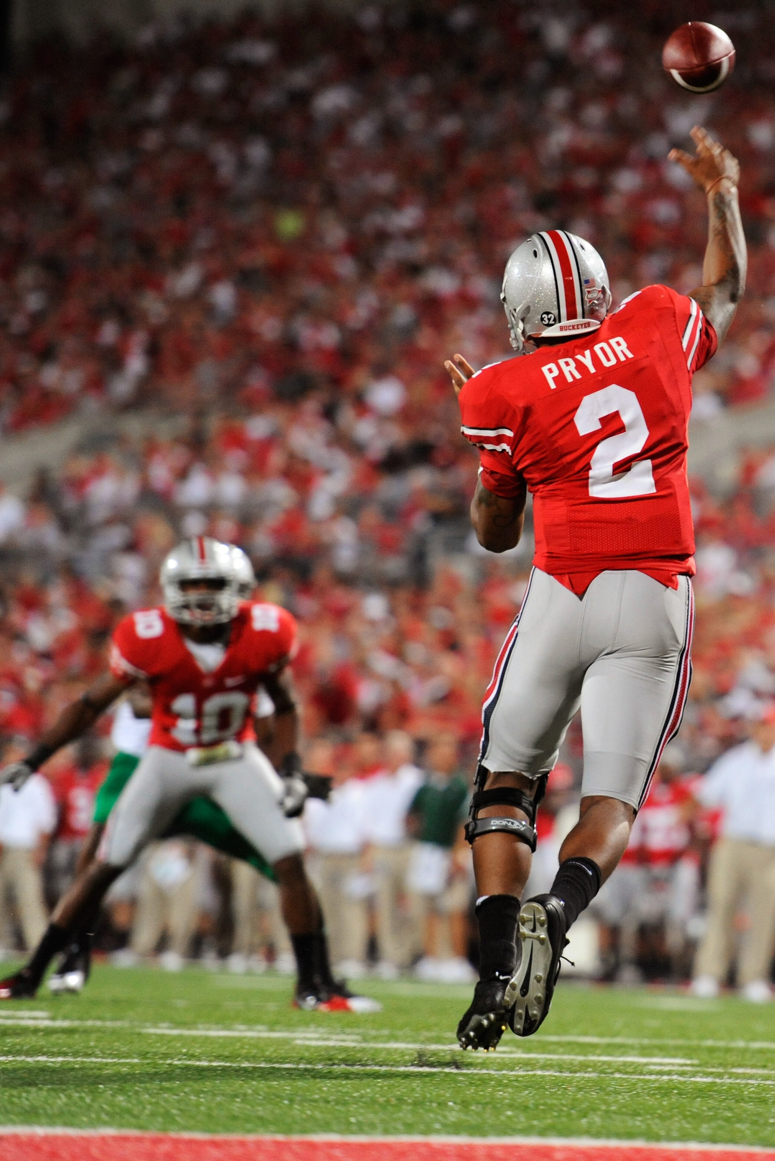 COLUMBUS, OH - SEPTEMBER 2:  Terrelle Pryor #2 of the Ohio State Buckeyes attempts a pass to Corey Brown #10 of the Ohio State Buckeyes against the Marshall Thundering Herd at Ohio Stadium on September 2, 2010 in Columbus, Ohio.  (Photo by Jamie Sabau/Get