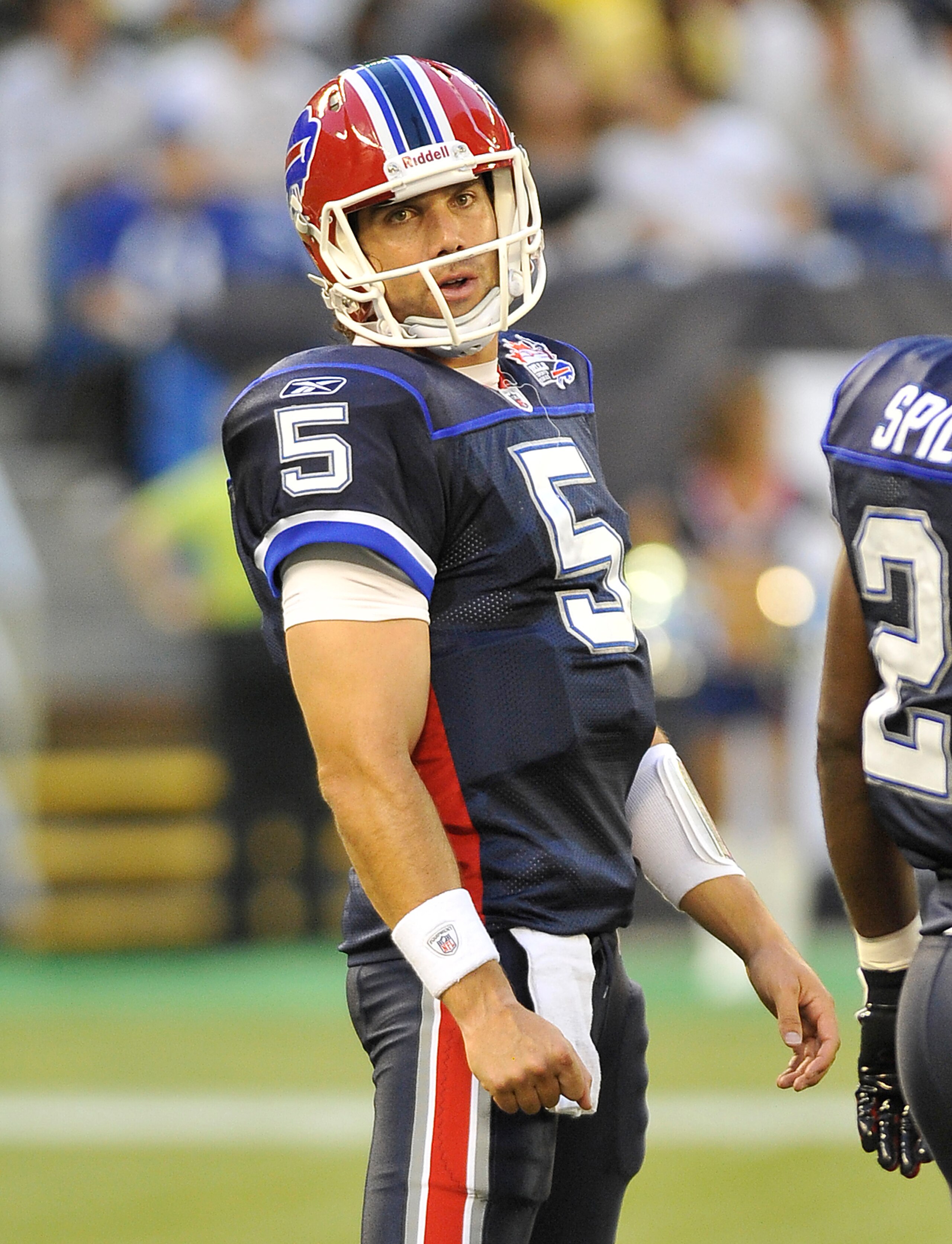 TORONTO, CANADA - AUGUST 19: Trent Edwards #5 of the Buffalo Bills looks towards the sidelines during a break in game action against the Indianapolis Colts on August 19, 2010 at the Rogers Centre in Toronto, Ontario, Canada. (Photo by Brad White/Getty Ima