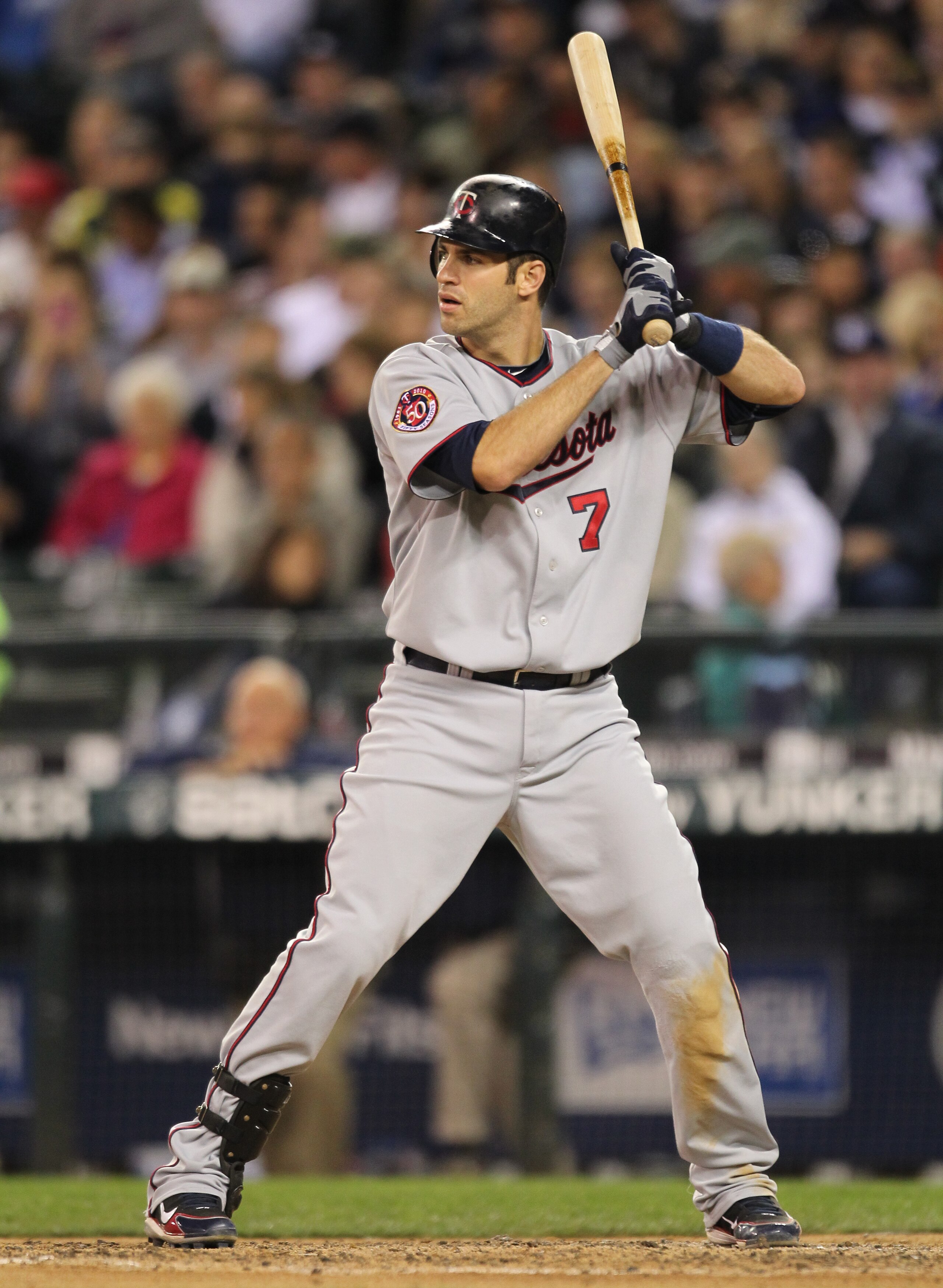SEATTLE - AUGUST 27:  Joe Mauer #7 of the Minnesota Twins bats against the Seattle Mariners at Safeco Field on August 27, 2010 in Seattle, Washington. The Twins won 6-3. (Photo by Otto Greule Jr/Getty Images)