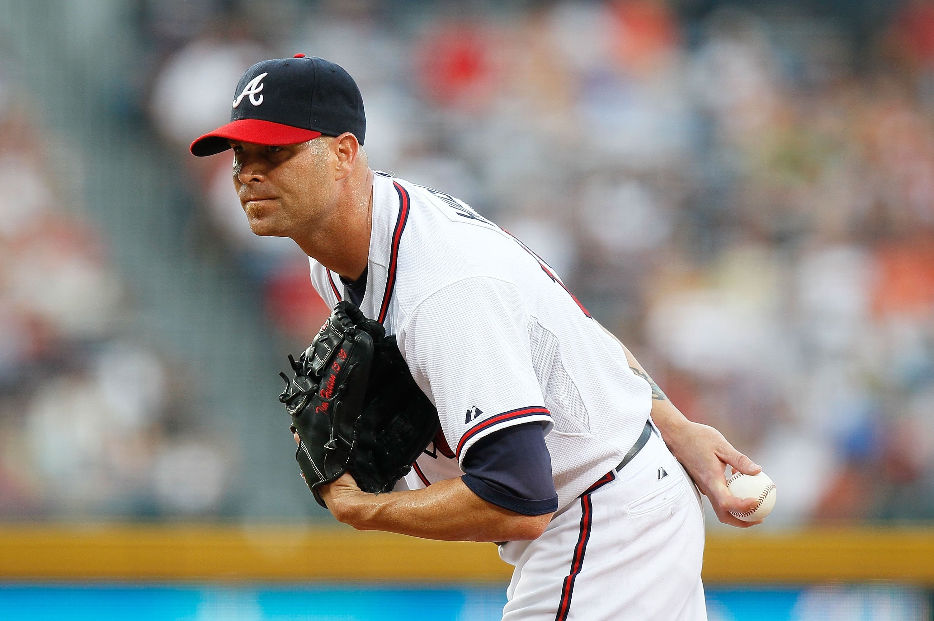 ATLANTA - JUNE 28:  Pitcher Tim Hudson #15 of the Atlanta Braves against the Washington Nationals at Turner Field on June 28, 2010 in Atlanta, Georgia.  (Photo by Kevin C. Cox/Getty Images)