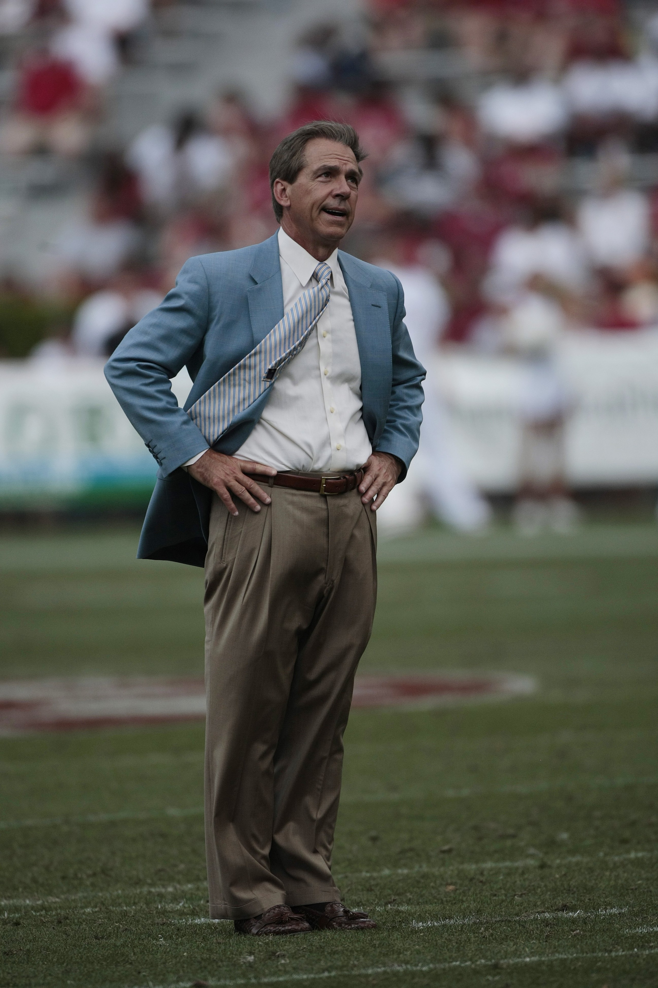 TUSCALOOSA, AL - APRIL 17:  Coach Nick Saban of the Alabama Crimson Tide reacts during the Alabama spring game at Bryant Denny Stadium on April 17, 2010 in Tuscaloosa, Alabama. (Photo by Dave Martin/Getty Images)